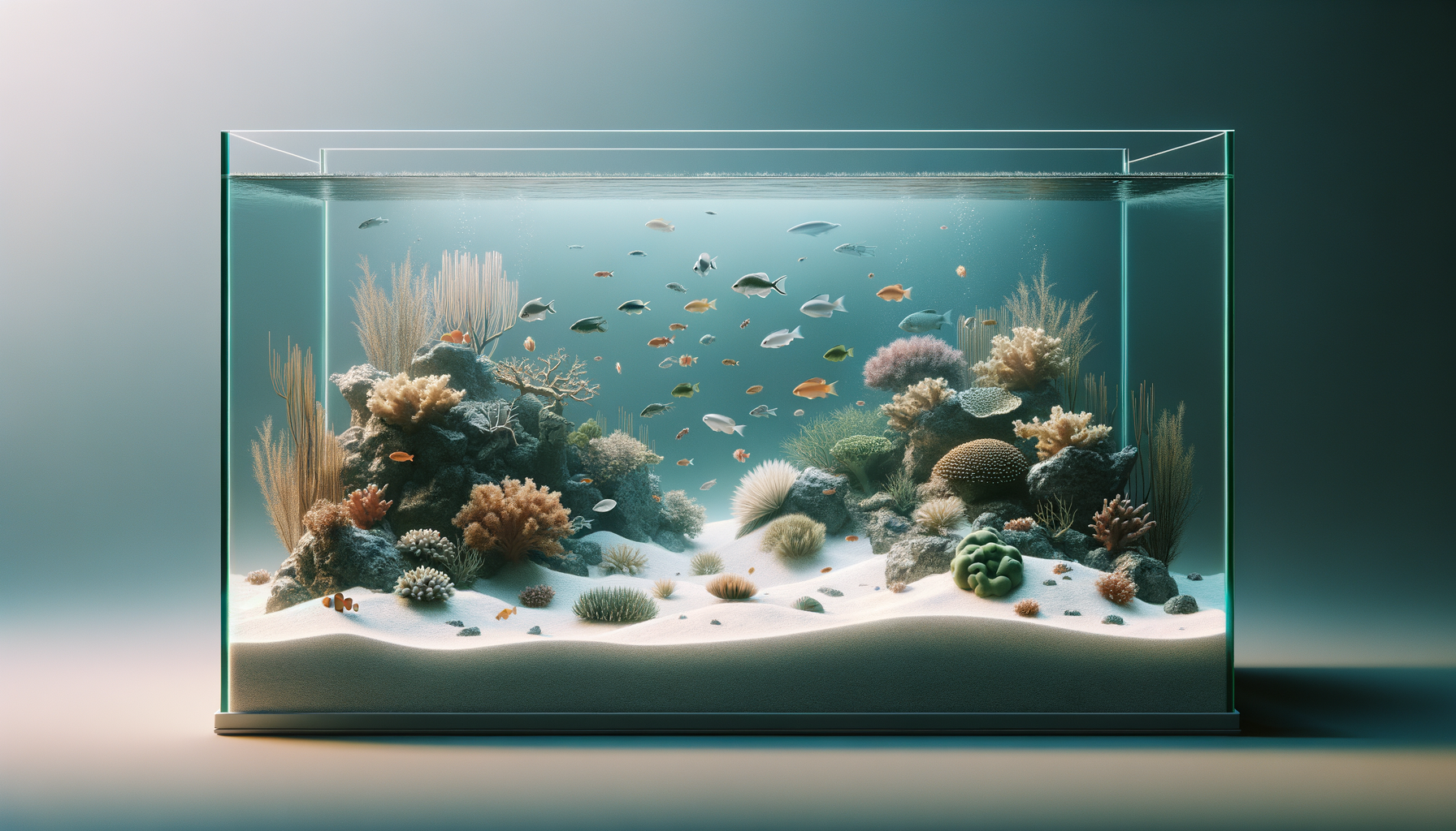 Glass aquarium containing colorful coral and fish, with a sandy bottom.