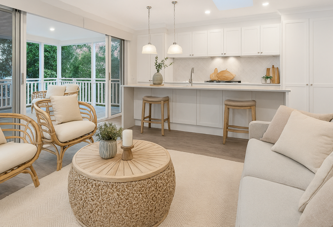 Townsville rental property. Living room with natural light, a beige sofa, a round textured coffee table with a plant, a white kitchen with a breakfast bar, bar stools, pendant lights, and a balcony with outdoor seating and greenery visible outside.