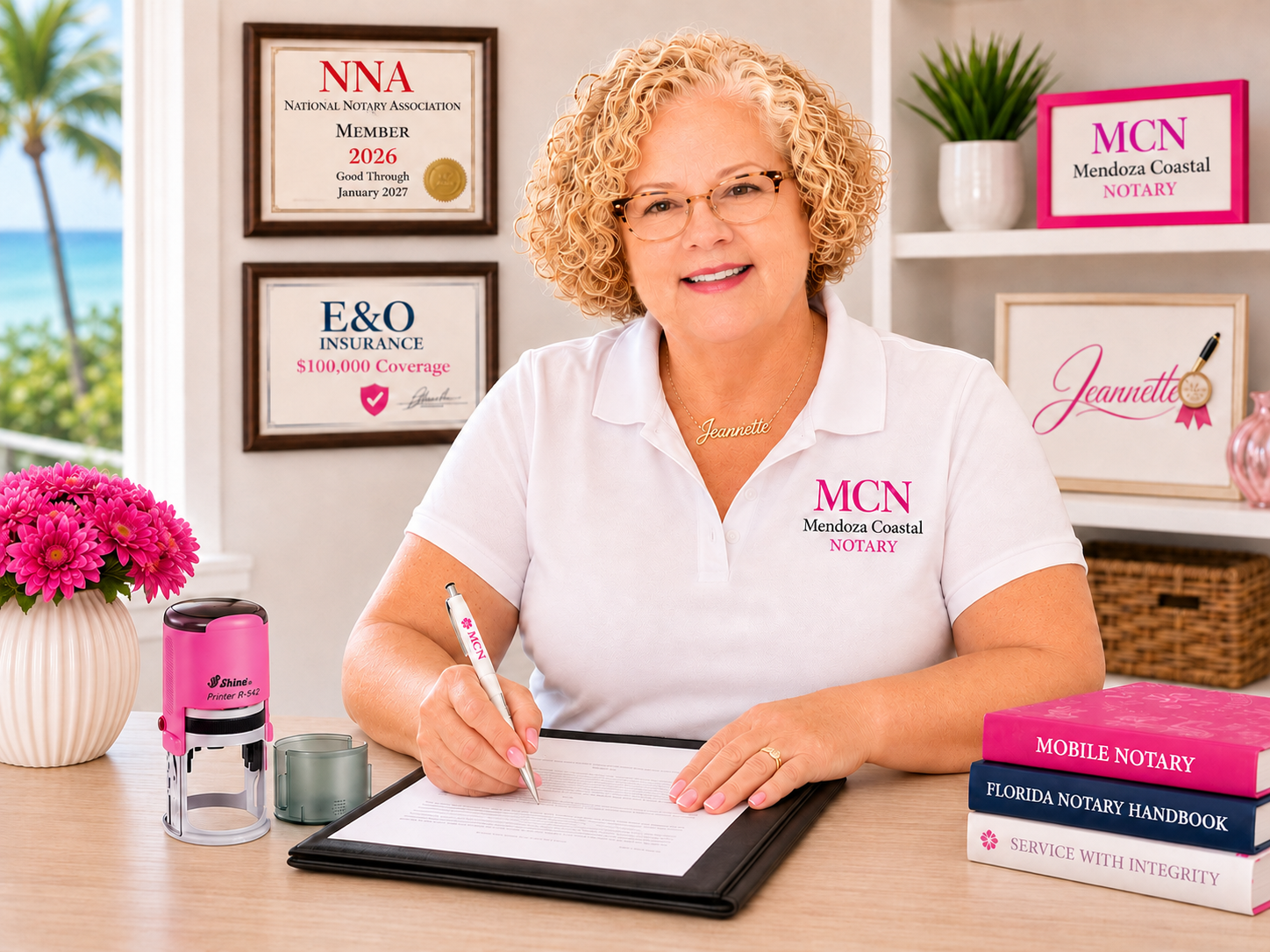 Mobile notary signing documents at a desk with Mendoza Coastal Notary branding