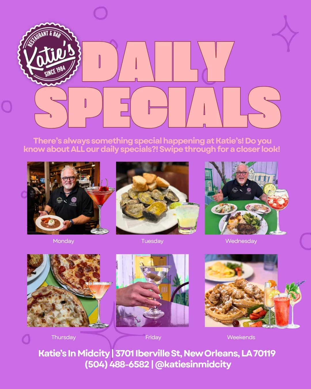 Do you know how many specials we have going on every week? Because it&rsquo;s a LOT more than you think!! ⁠
⁠
Steak Night, red beans, pizza night, chargrilled oysters, brunch, happy hour, $5 cocktails, half-priced apps... we are simply trying to give