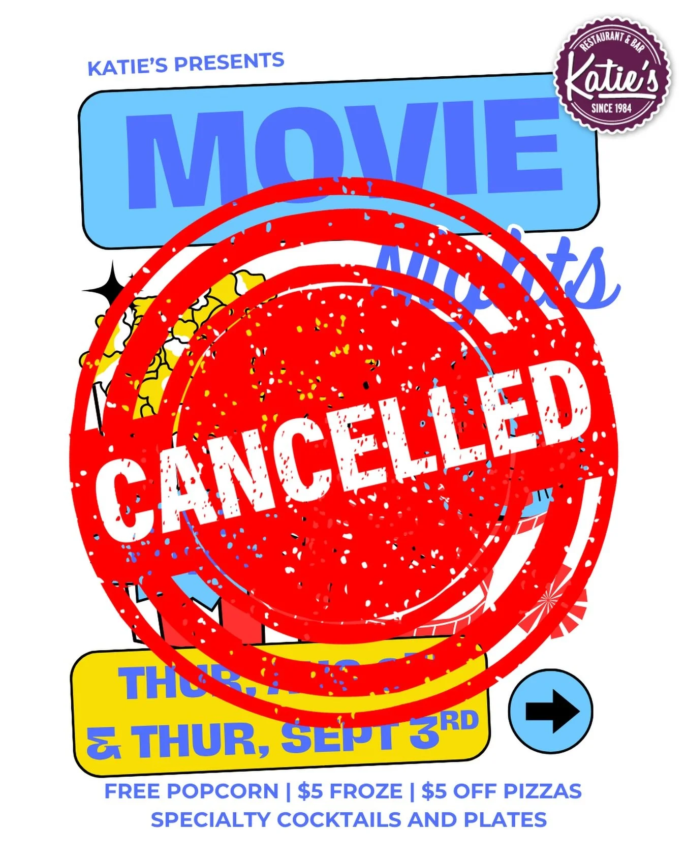 Yall, we&rsquo;re sad to announce we must cancel the movie night. 😤😭. We&rsquo;ve been asked to pay an exorbitant fee or get hit with and exorbitant fine. 

We&rsquo;ll still have crab and $5 off pizzas!! Come see us anyway!!