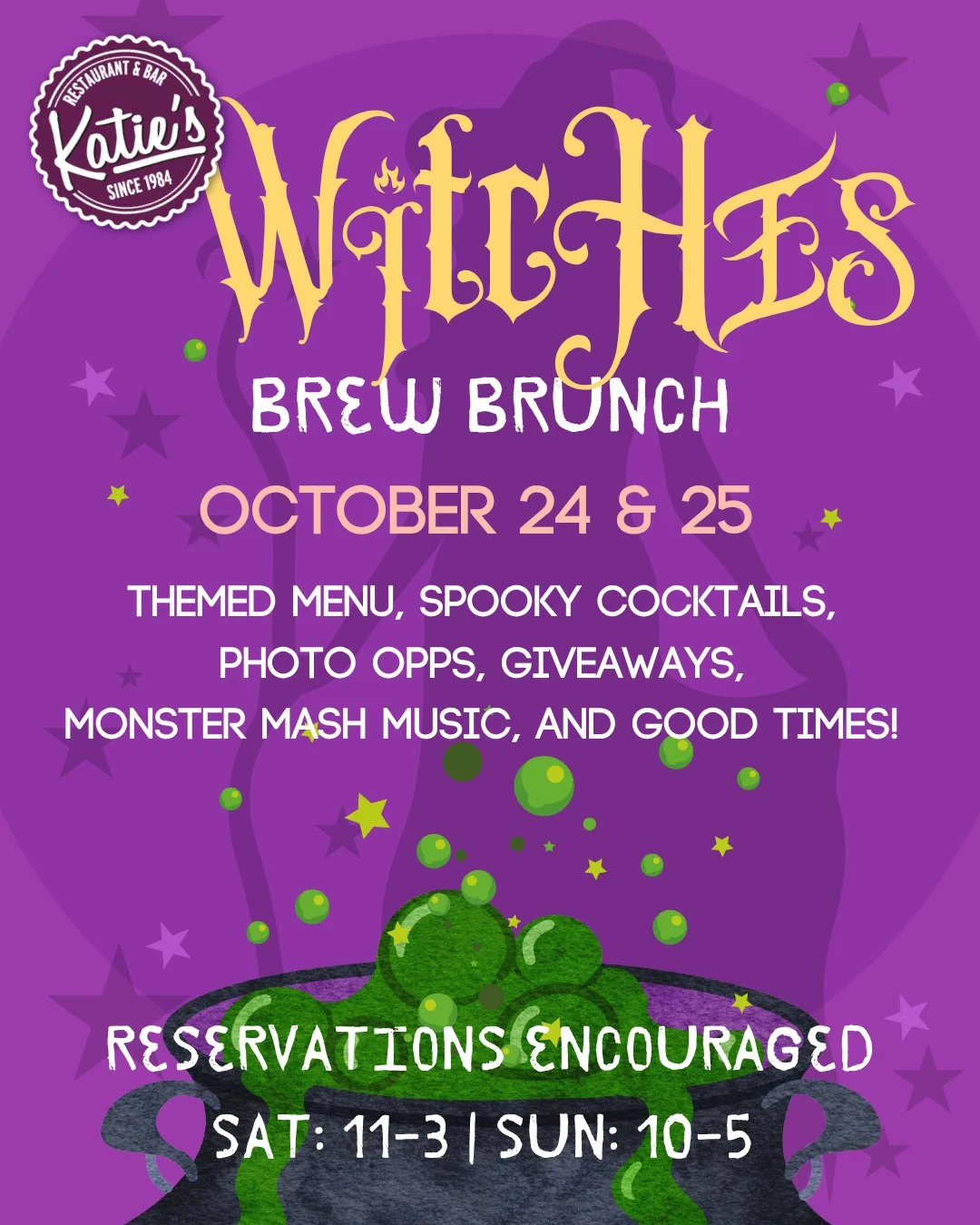 WITCHES BREW BRUNCH IS COMING!! 🧙&zwj;♀️🍳✨ October 24 &amp; 25 at Katie&rsquo;s!⁠
⁠
We&rsquo;re doing spooky cocktails, a special brunch menu, photo ops, giveaways, Monster Mash music, and whatever other Halloween nonsense Scot lets us get away wit