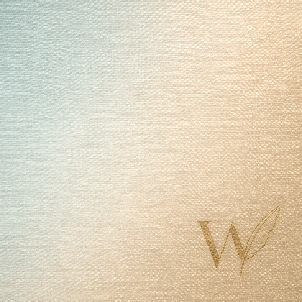 A beige textured background with a stylized letter W and a feather in the bottom right corner.