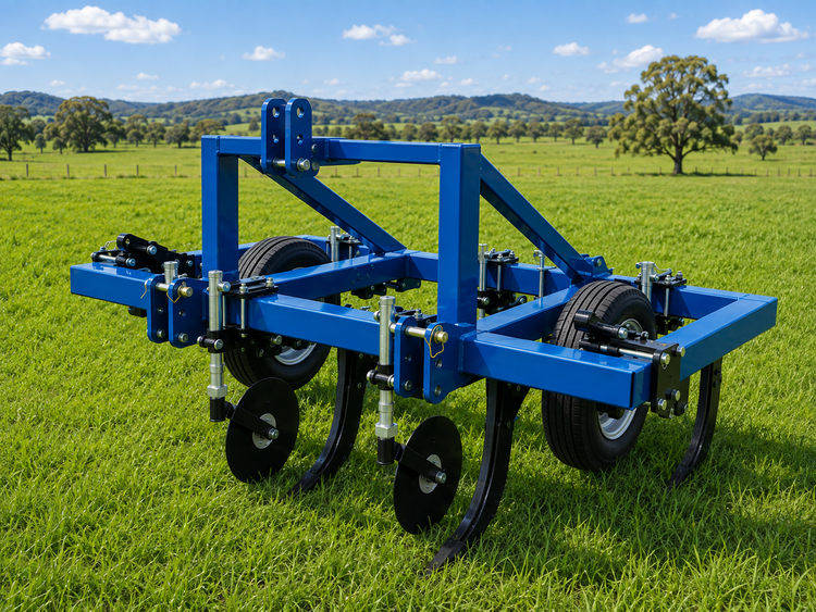 Muller Fabrications blue Deep Ripper with black tines in a green Queensland paddock