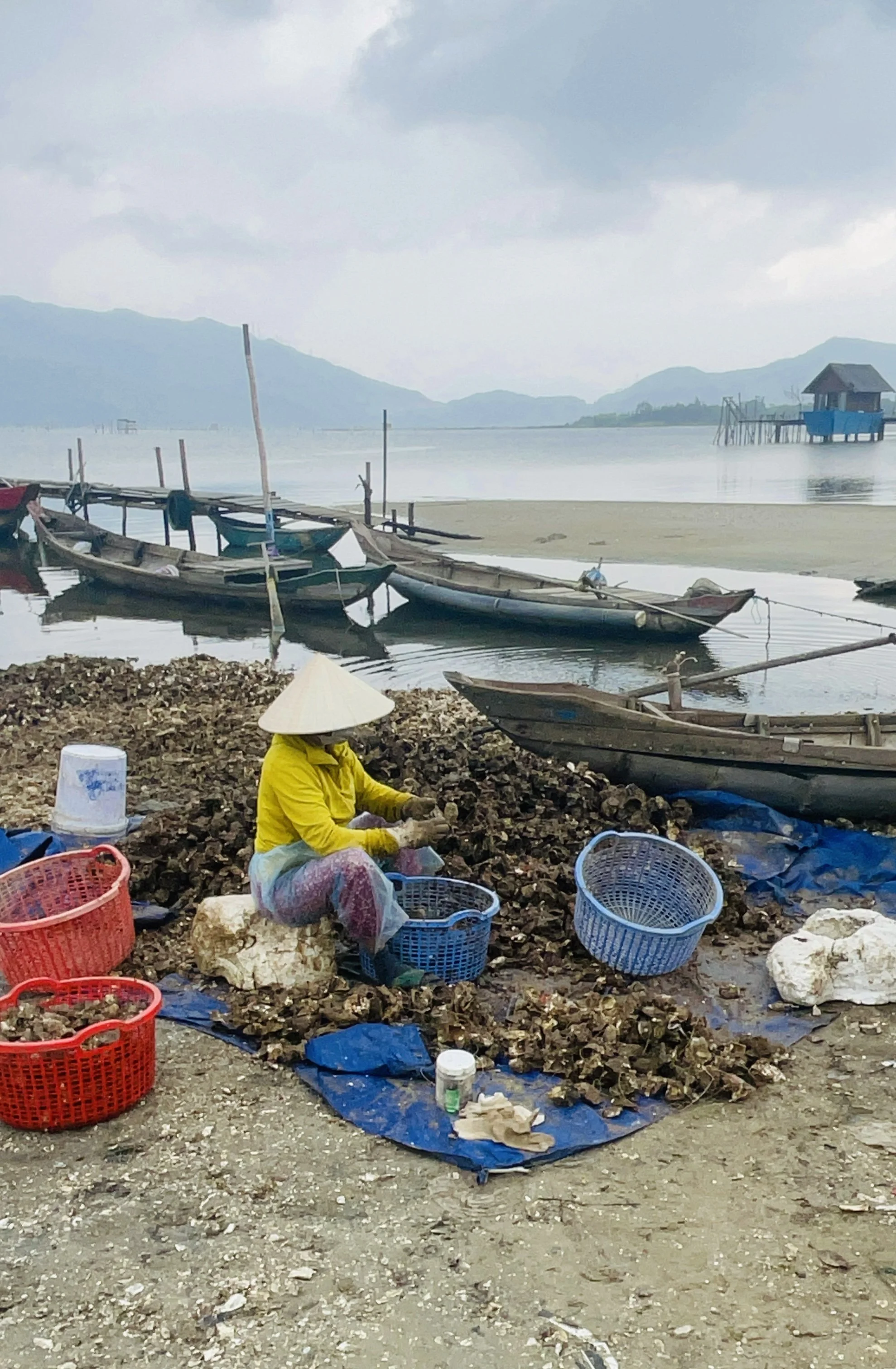 A person wearing a traditional conical hat and yellow jacket sits by the riverbank, among baskets of shellfish, with boats and a stilt house in the background.