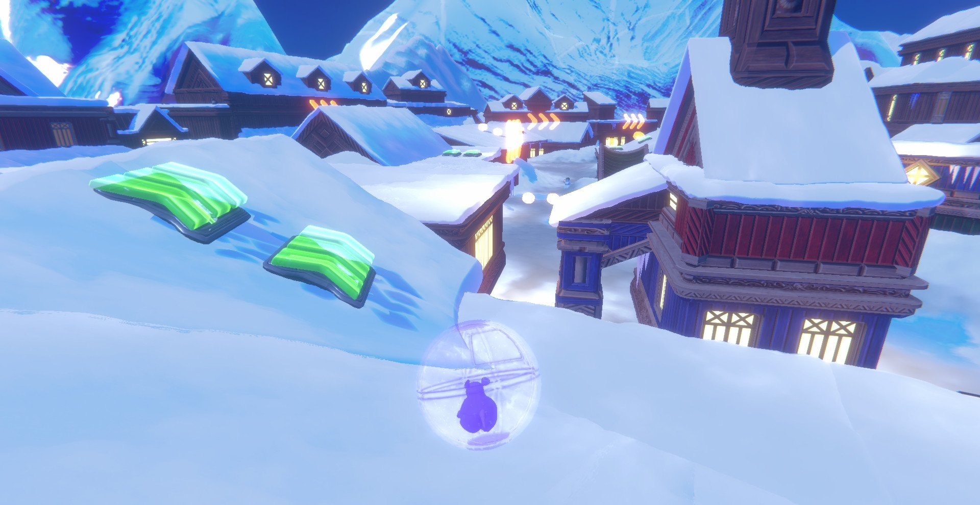 Video game scene showing a snowy landscape with buildings, mountains in the background, and a small purple rodent character inside a bubble near the snow.