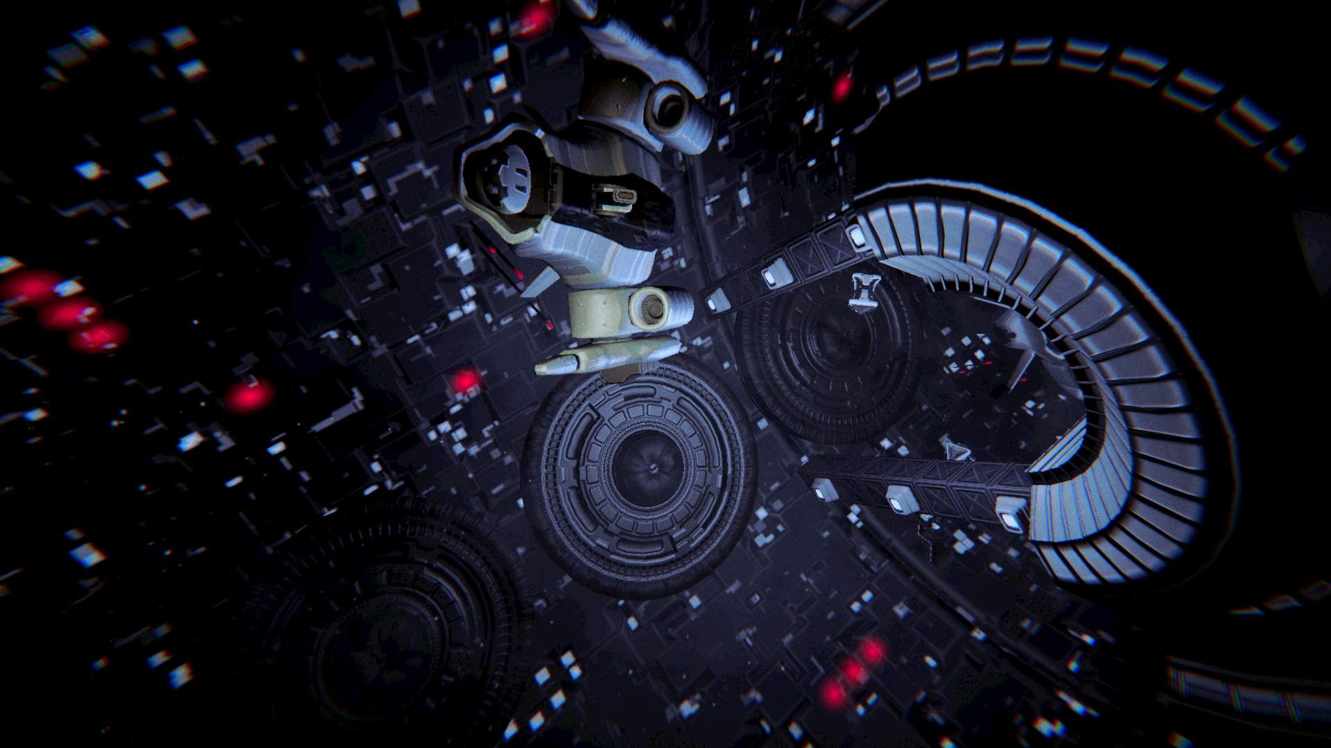 A futuristic space scene with a robot floating near a space station or spacecraft, surrounded by glowing red lights and complex mechanical structures.