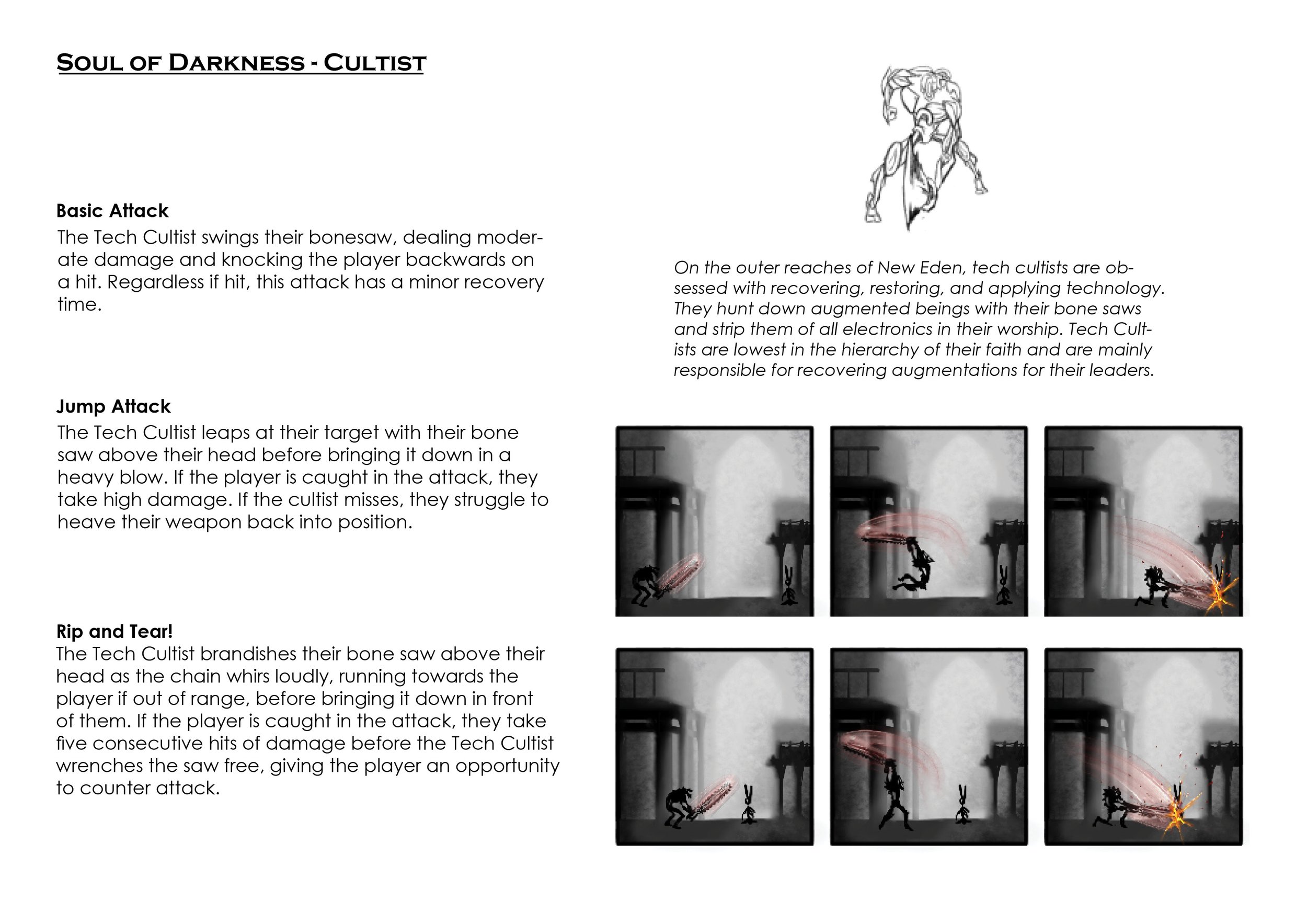 A comic-style sequence illustrating a tech cultist attacking a player in a dark, urban environment with a full moon in the background and a large eagle emblem at the top right corner.