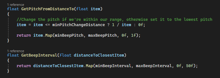 Screenshot of a computer code snippet in C# for calculating pitch and beep interval based on distance, with comments about adjusting pitch within a range.