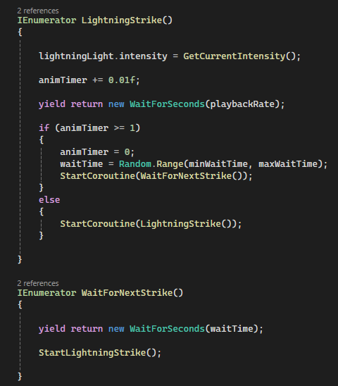 Screenshot of C# code for handling lightning strike animations and timing in a Unity project.