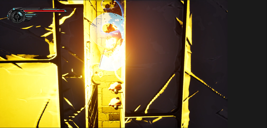 A scene from a video game featuring a character using a shield and sword, with a dark and yellow-lit environment, and a health or energy bar in the top left corner.