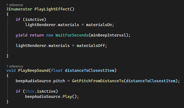 Screenshot of C# programming code for a light and sound effect in a game, including functions for toggling lights and playing a beep sound based on distance.