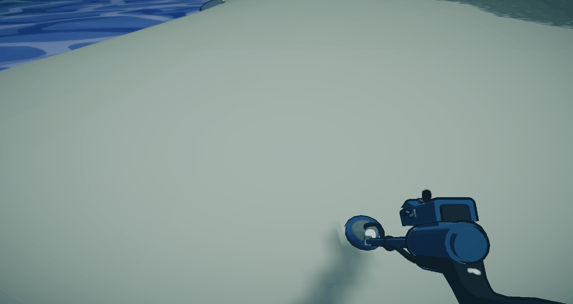 A metal detector switches to a shovel and starts to dig on a cartoon beach.