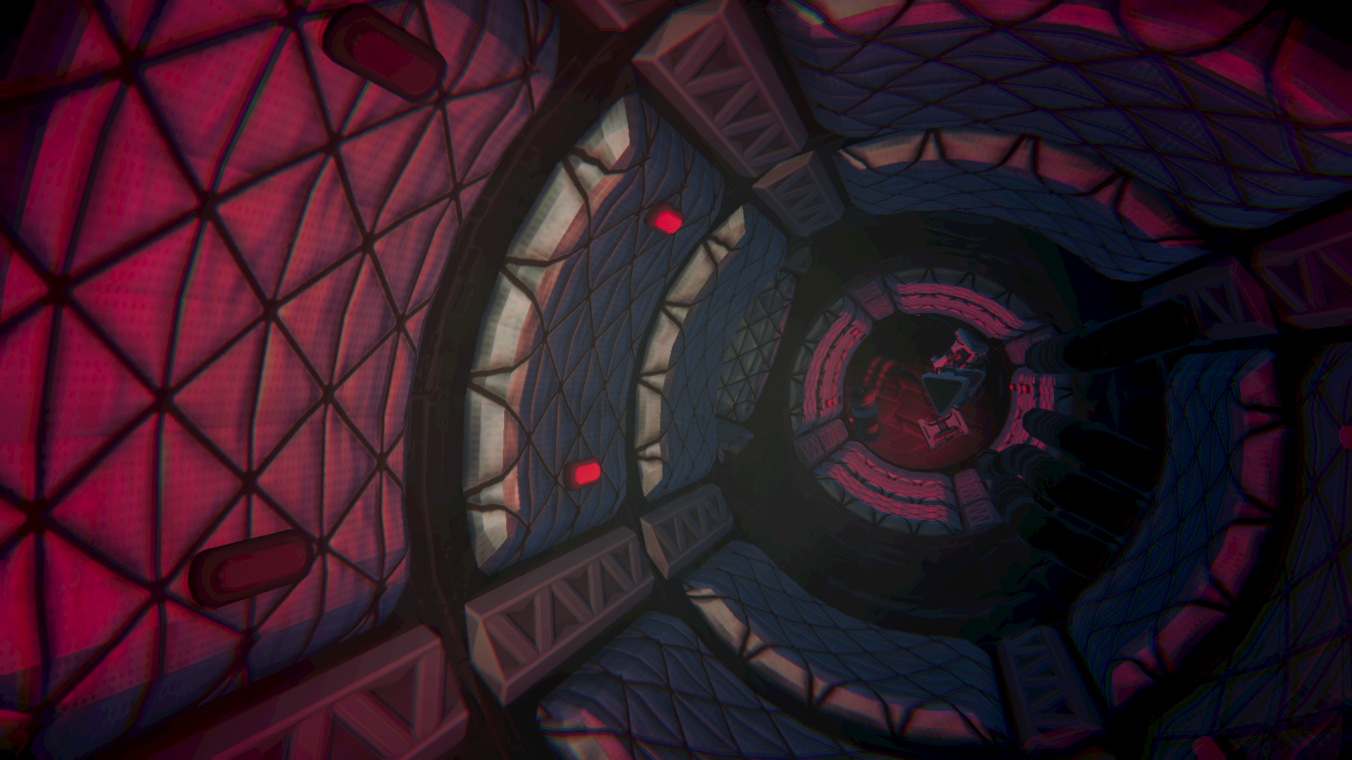 A futuristic, tunnel-like corridor with geometric, segmented metal walls illuminated by pink and purple neon lights. The perspective is from the entrance, looking inward towards the darker interior.