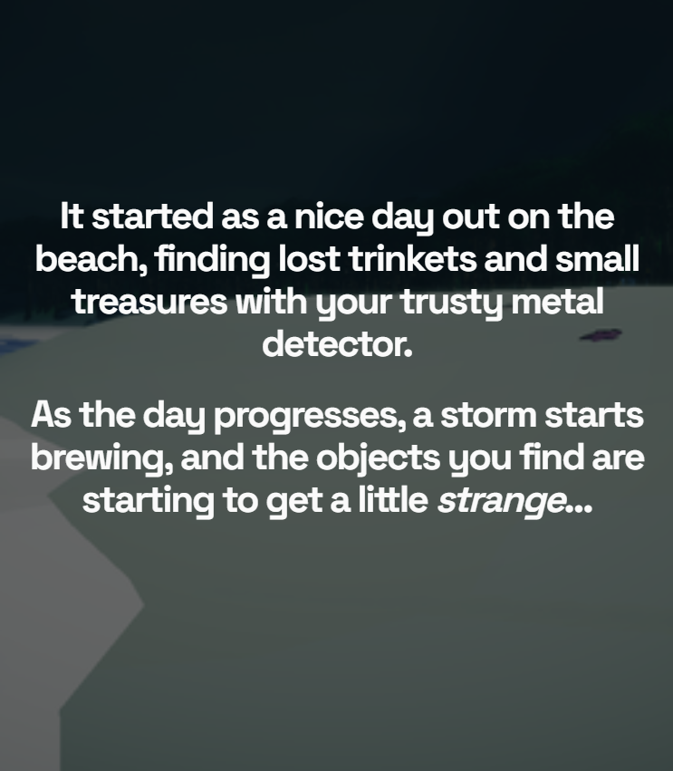 Text overlay describing a day spent searching for lost items on the beach, encountering a storm, and finding something stranger.