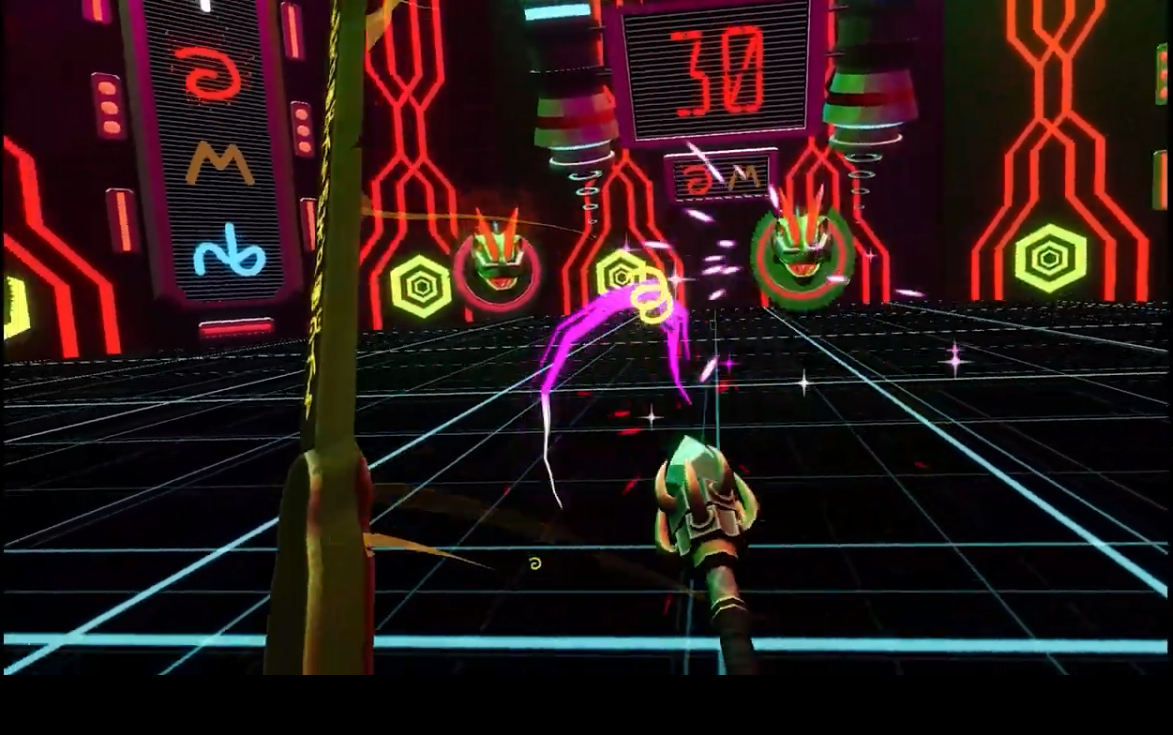 A neon-lit virtual reality game scene with a first-person perspective, showing a grid floor, colorful enemy faces with angry expressions, and a score of 30 in red at the top center.
