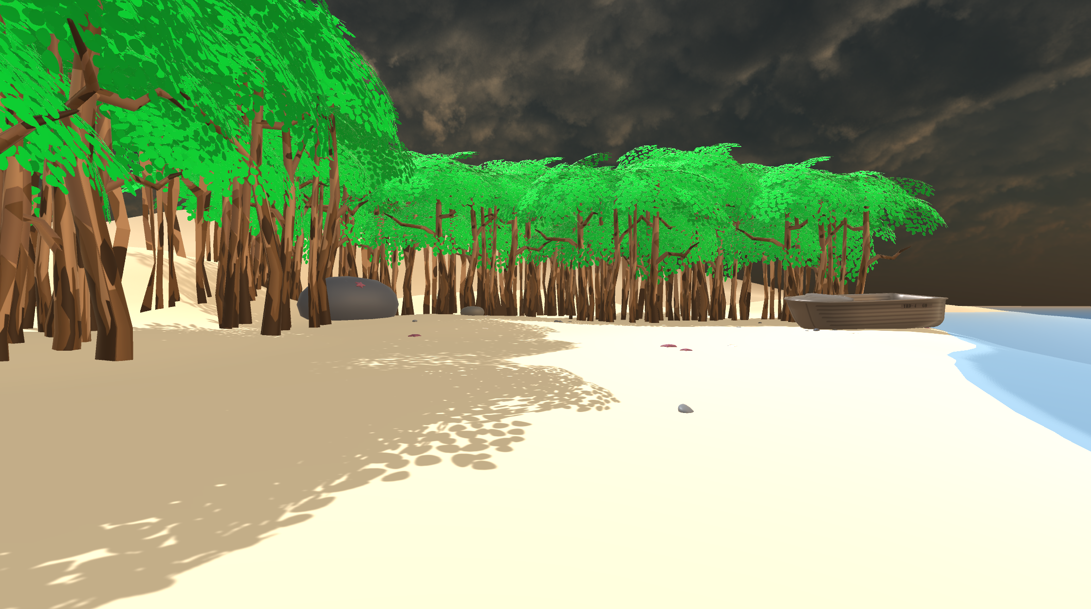 Early prototype visuals of a beach with trees, rocks, a boat, and a cloudy sky.