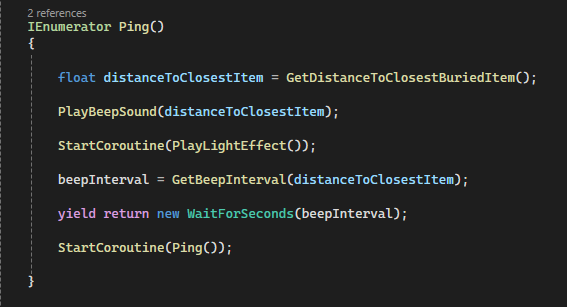 Screenshot of programming code in a text editor, including functions for pinging, calculating distance, playing sounds, and starting coroutines.