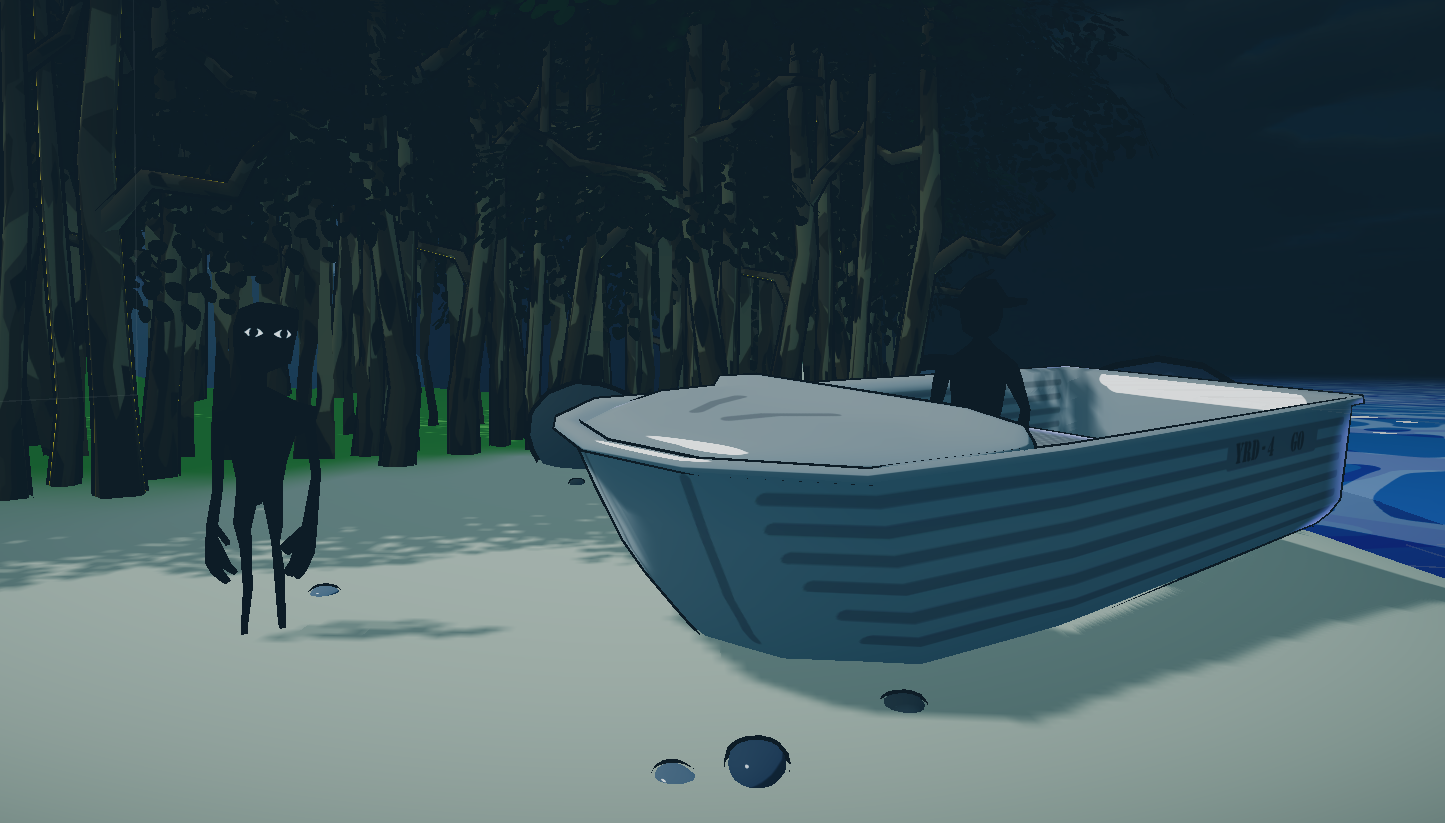 Nighttime scene with a boat on sandy shore and two dark, shadowy creatures with glowing eyes near trees.