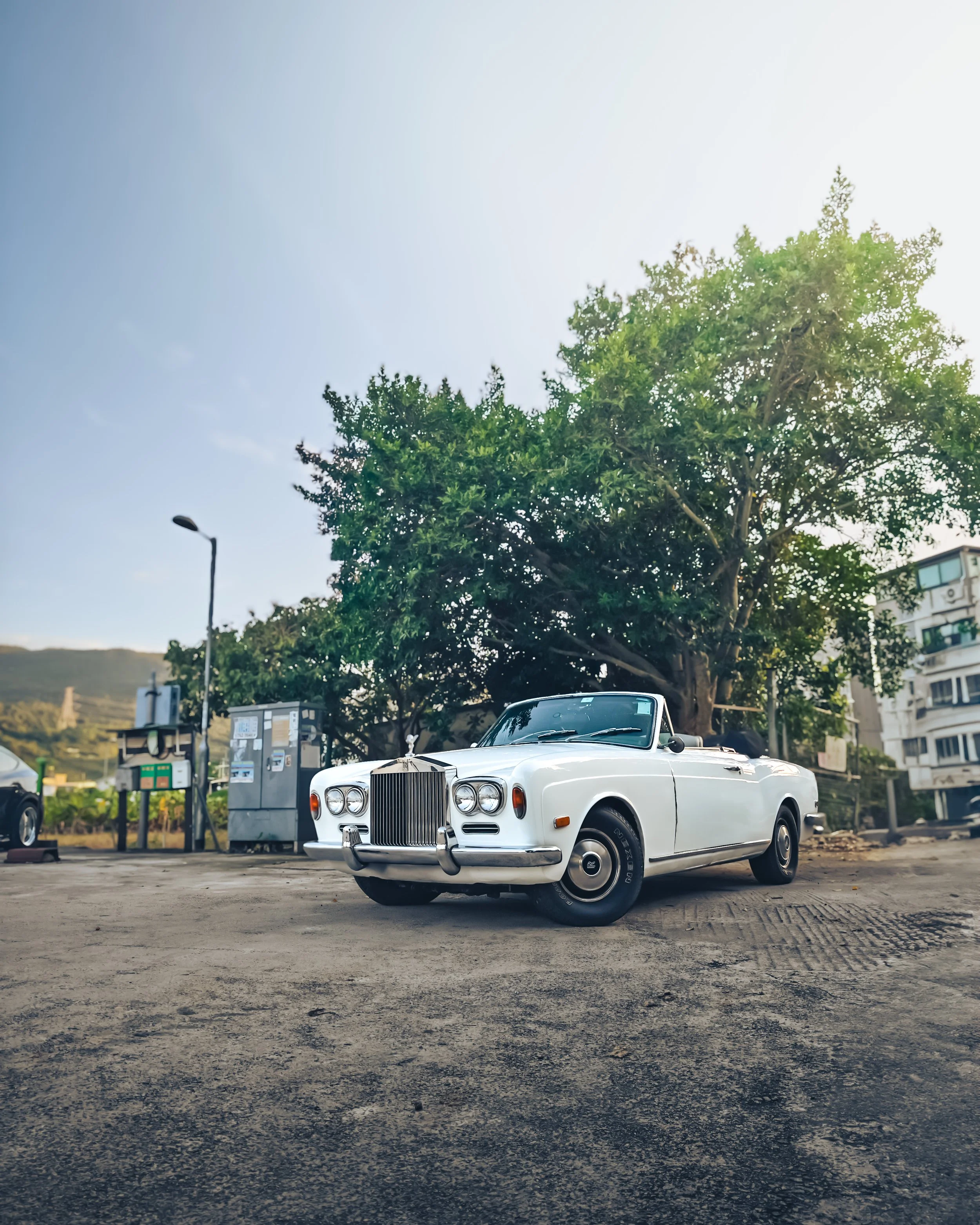 A white vintage convertible car parked on a dirt lot with a large green tree and buildings in the background under a bright sky.