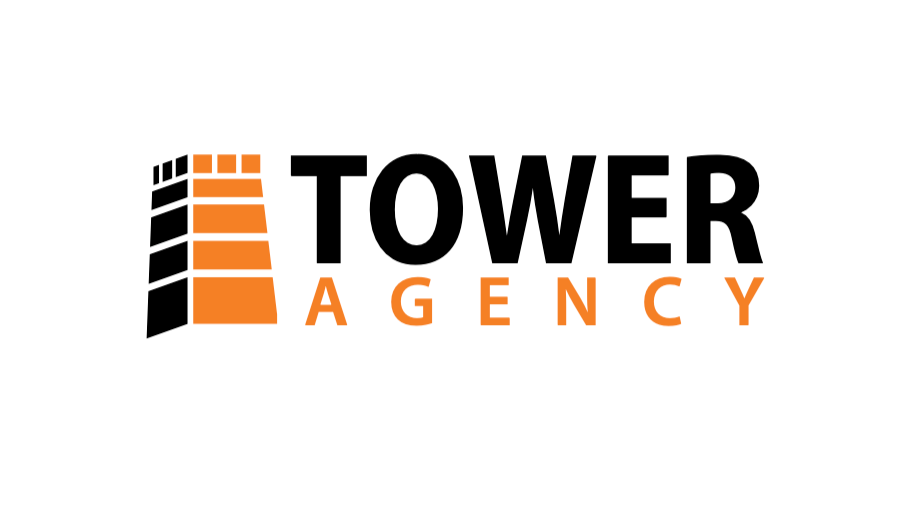 Logo for Tower Agency featuring a black and orange stylized building icon and the words 'TOWER AGENCY' in black and orange text.