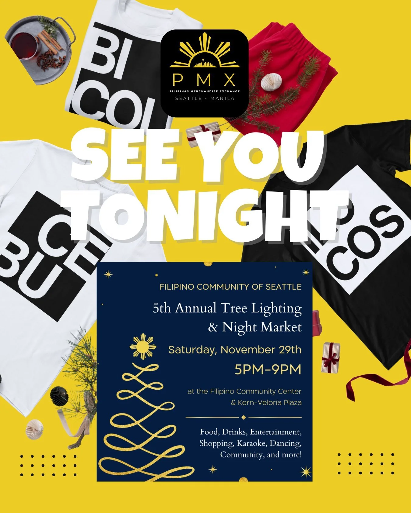 SEE YOU TONIGHT! 🔥🎄
PMX is pulling up to the Filipino Community of Seattle&rsquo;s
5th Annual Tree Lighting &amp; Night Market, and we&rsquo;re bringing the heat &mdash;
the Regionals Collection is officially dropping TONIGHT.

BICOL.
CEBU.
ILOCOS.