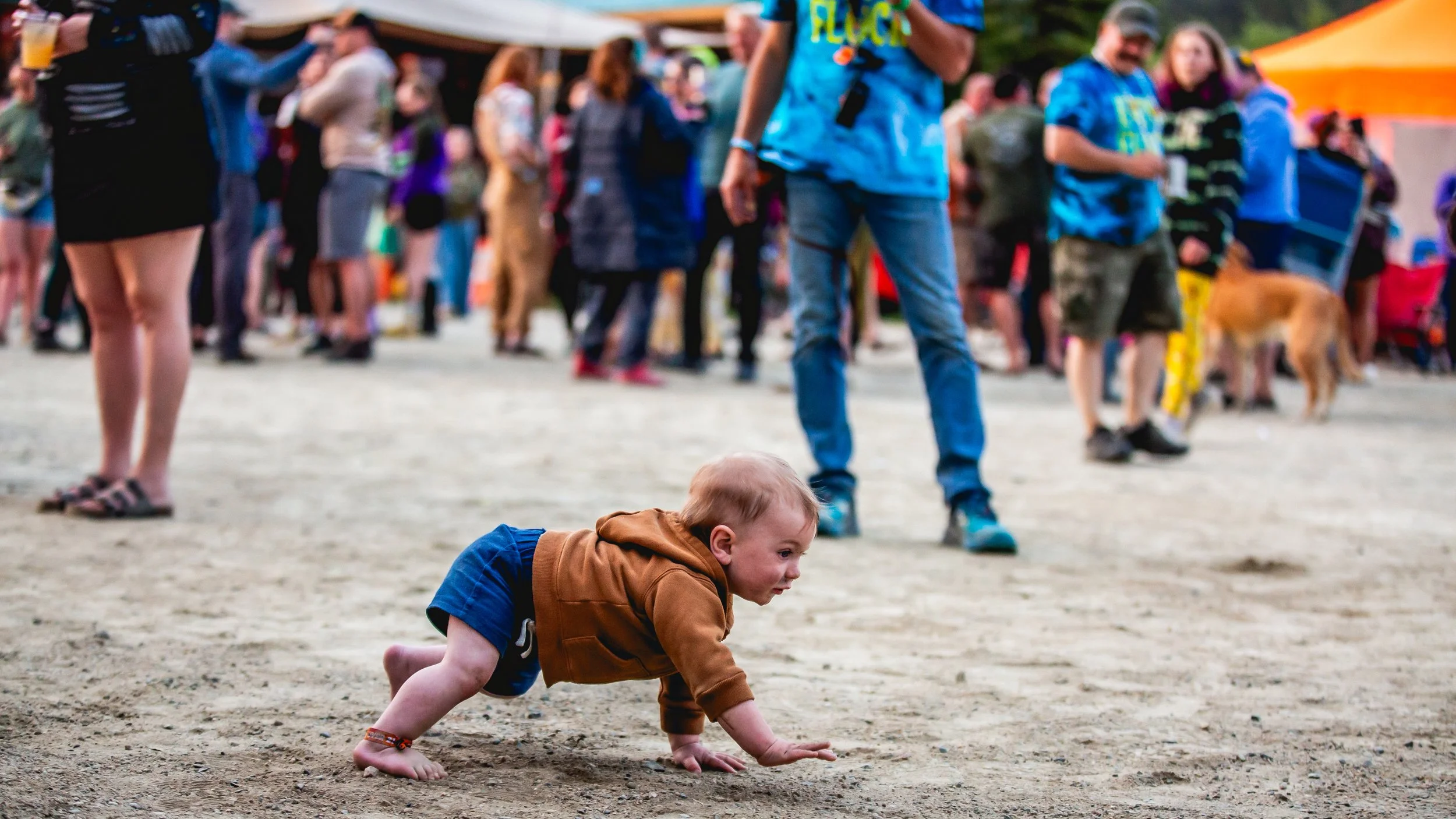 A young child crawling on the ground in front of a crowded outdoor event with many people and tents.