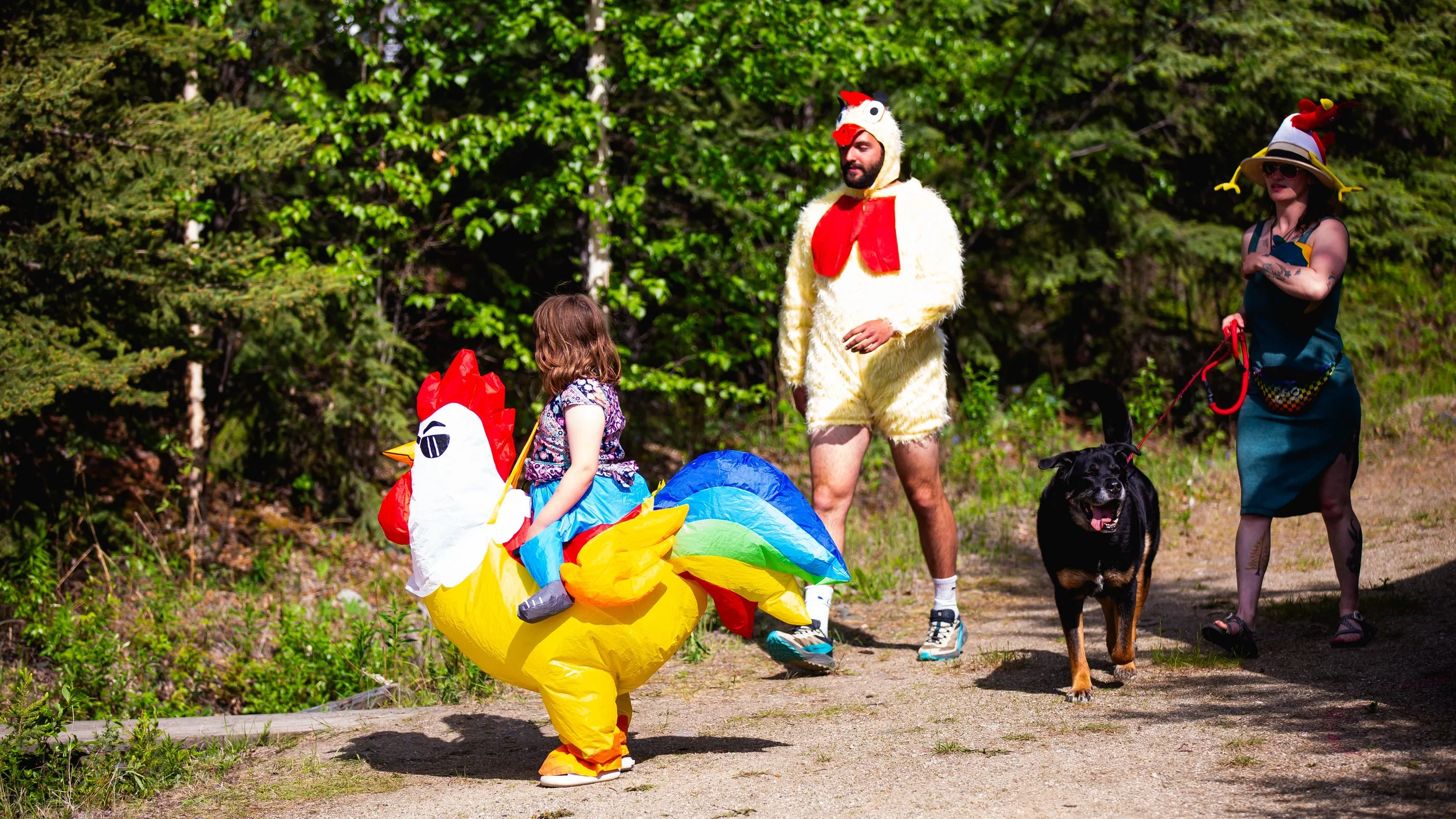 Group of people dressed in chicken and bird costumes with a young girl riding on a colorful inflatable chicken, walking on a dirt path surrounded by trees, with a woman holding a dog on a leash.