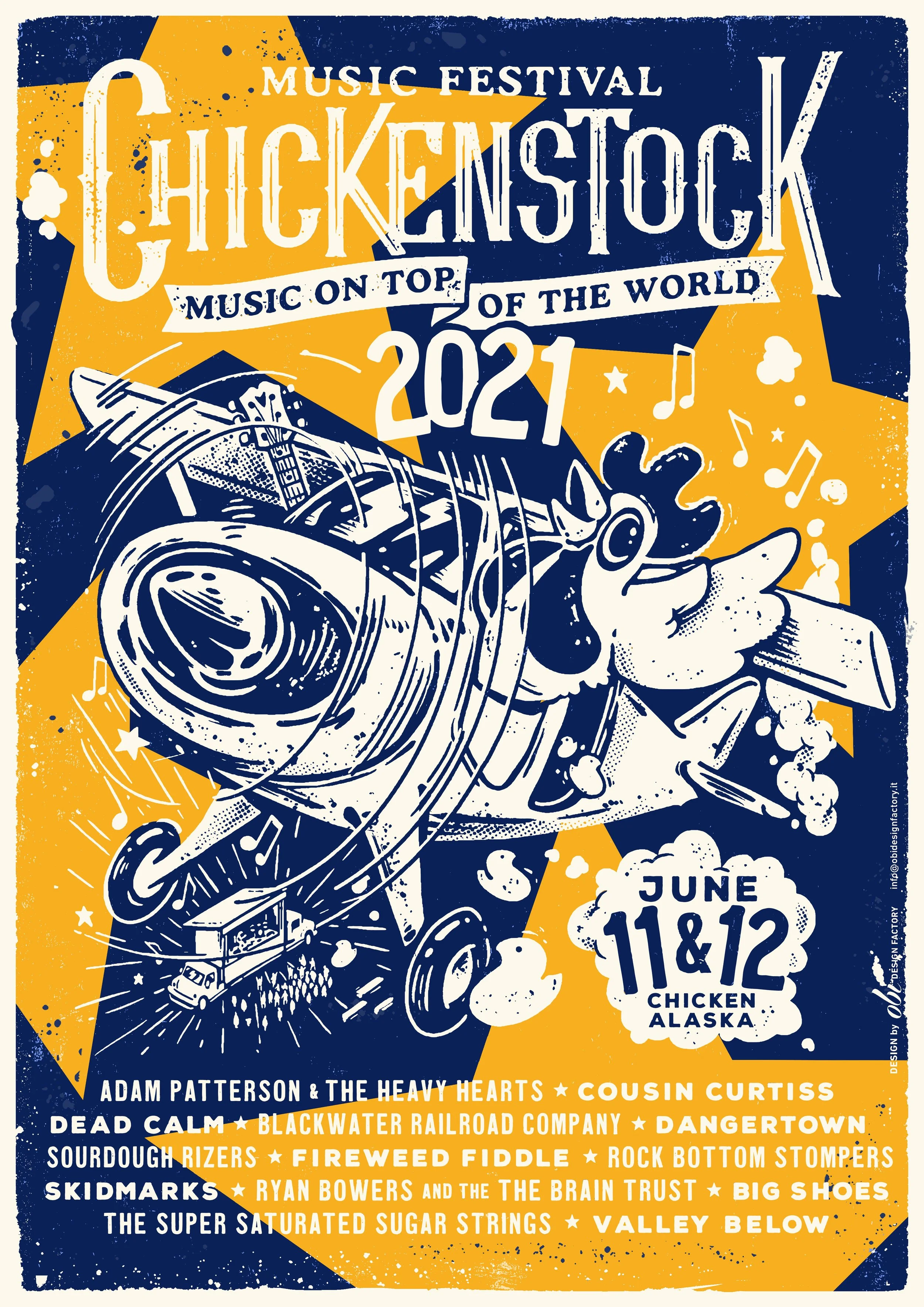 Poster for Chickemstock 2021 music festival in Chicken, Alaska, on June 11 and 12. Features a stylized illustration of a fish playing a guitar with musical notes around it. Lineup includes Adam Patterson & The Heavy Hearts, Cousin Curtiss, Dead Calm, Blackwater Railroad Company, Dangertown, Sourdough Rizors, Fireweed Fiddle, Rock Bottom Stompers, Skidmarks, Ryan Bowers & The Brain Trust, Big Shoes, The Super Saturated Sugar Strings, Valley Below.