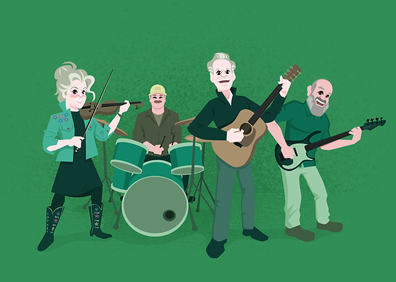 An illustration of four elderly people playing musical instruments, including a violin, drums, an acoustic guitar, and an electric guitar, on a green background.