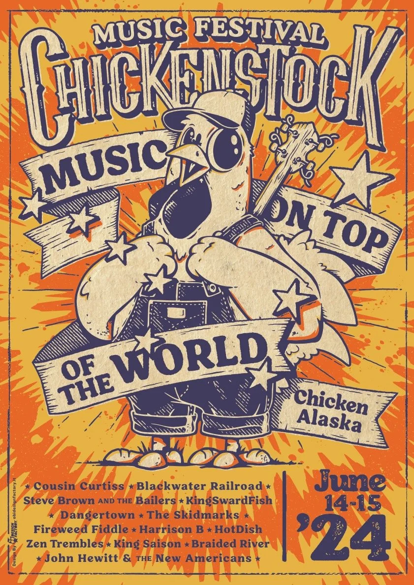 Poster for Chickensock Music Festival on June 24, featuring a cartoon chicken wearing sunglasses, a hat, with an electric guitar, set against an orange background with stars and bursts. List of performers at the bottom.