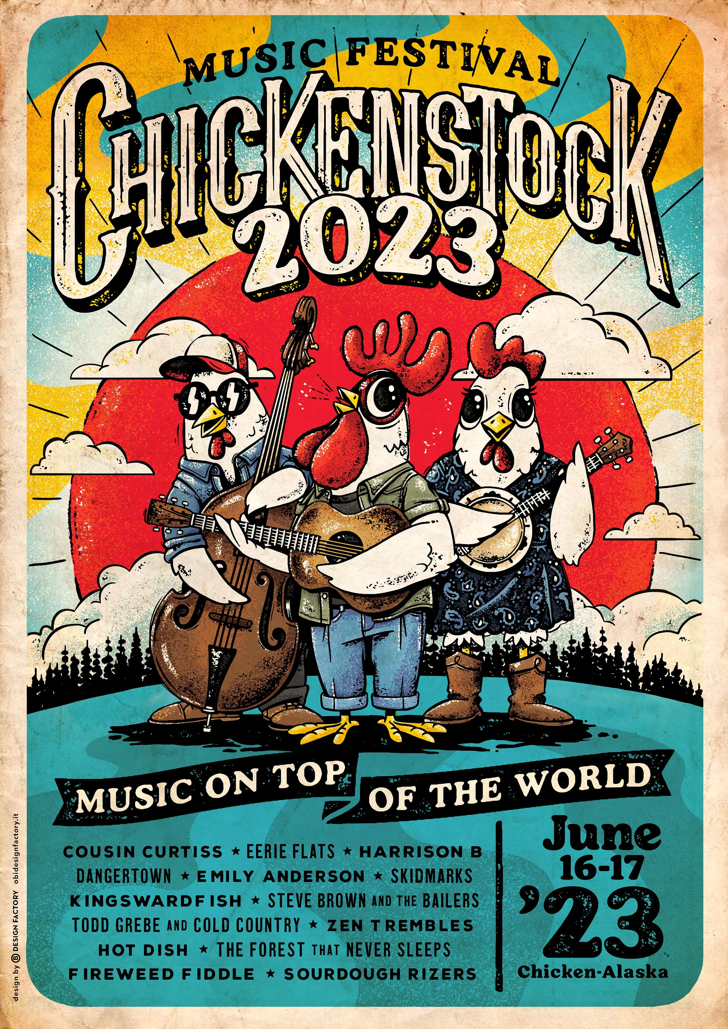 Colorful poster for the Chickensrock 2023 music festival featuring cartoon chickens playing guitars and banjo, with a sunrise background and festival details in text.