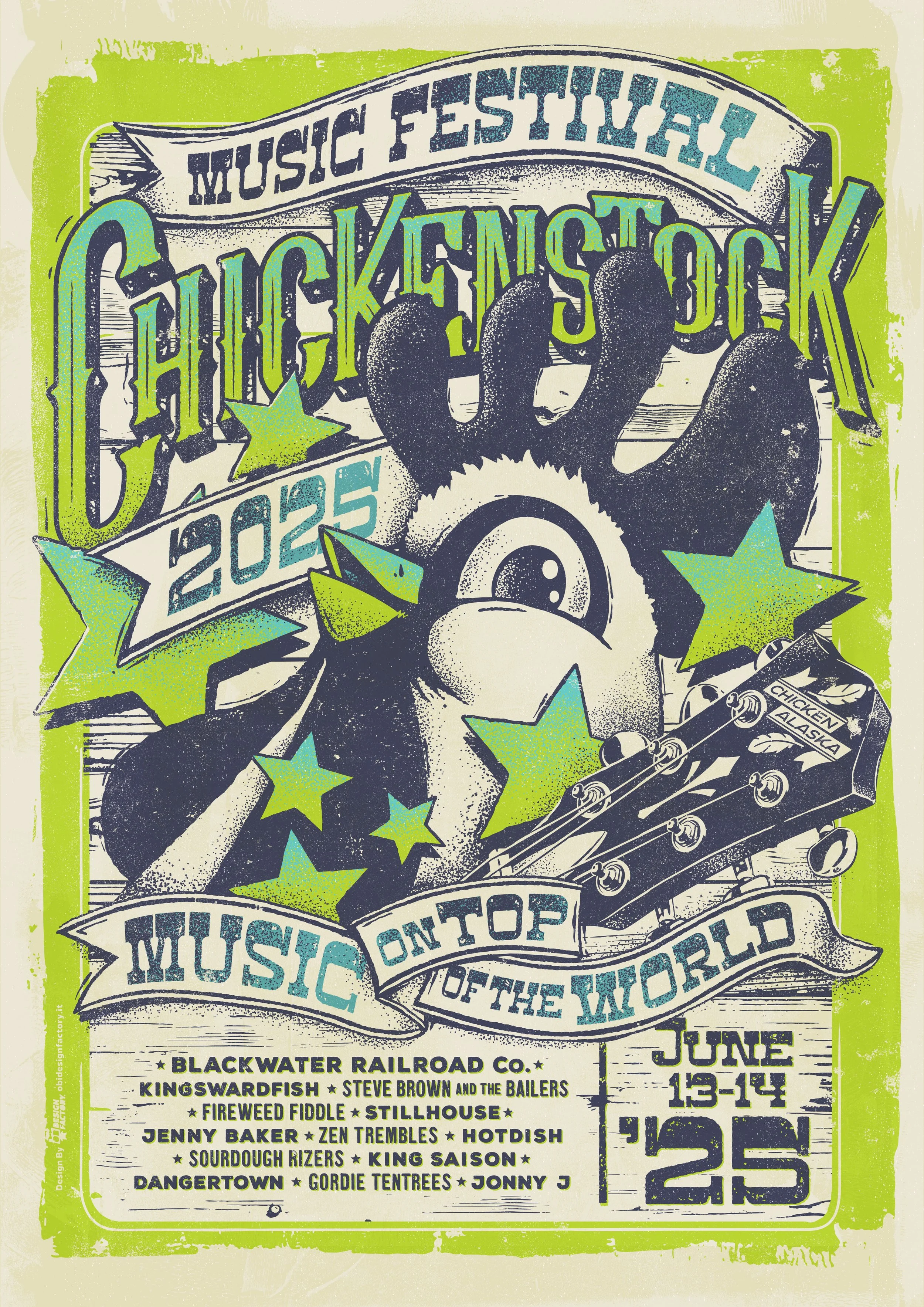 School mascot, a cartoon chicken, holding a guitar, surrounded by colorful stars, advertising the Chickencoock music festival 2023 in Chickencoock, Alaska, happening June 13-14, 2023, with a list of performers and sponsors.