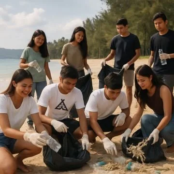 A group of eight young people cleaning up a beach, collecting trash and placing it in black trash bags while wearing gloves.