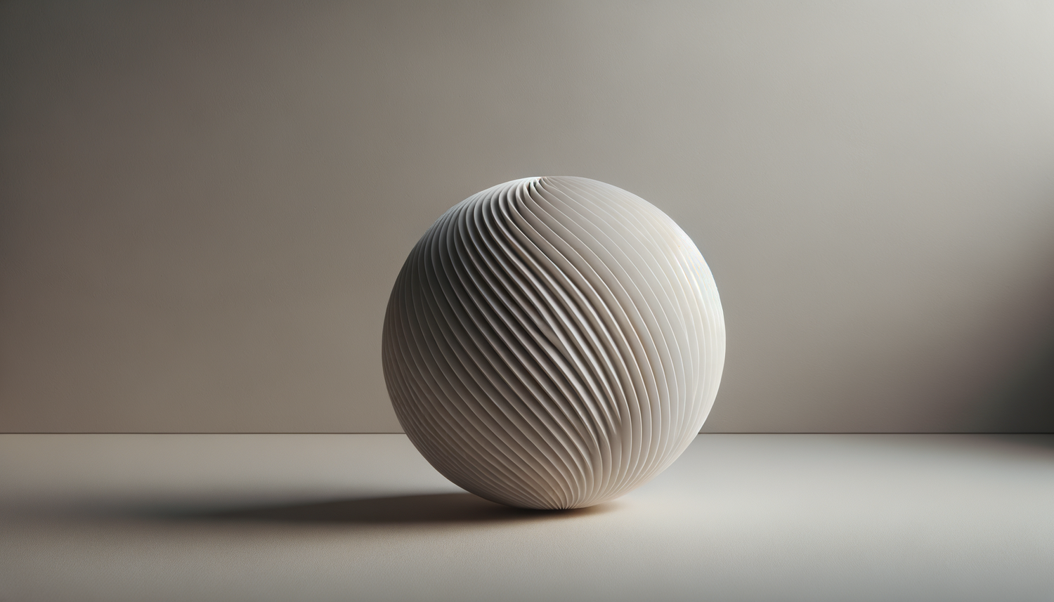 A modern, white, spherical decor object with a textured, spiral surface on a light-colored surface in front of a gray background.