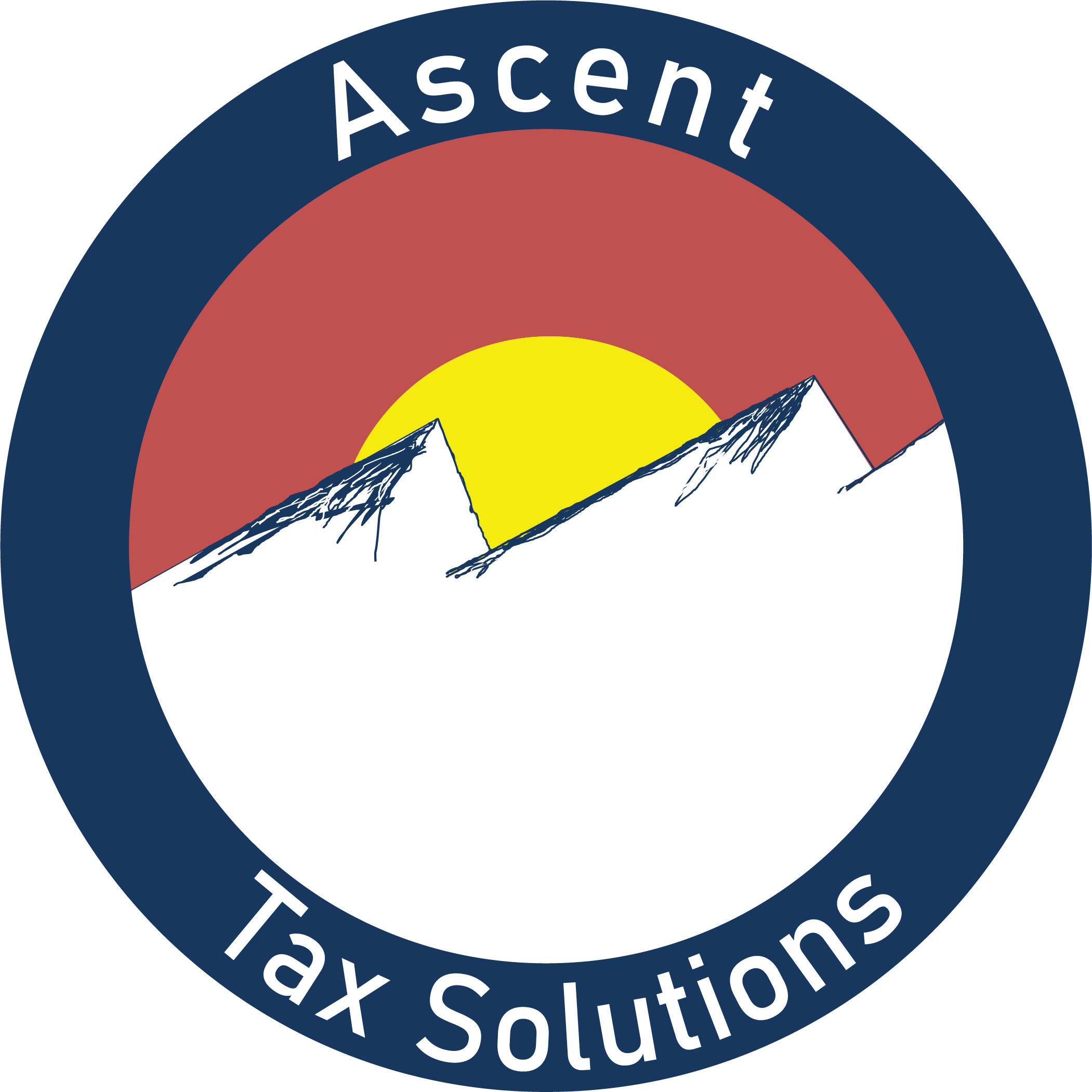 A circular logo with the text 'Ascent Tax Solutions' around the edge, featuring a mountain range with snow caps and a yellow sun rising or setting behind the mountains.