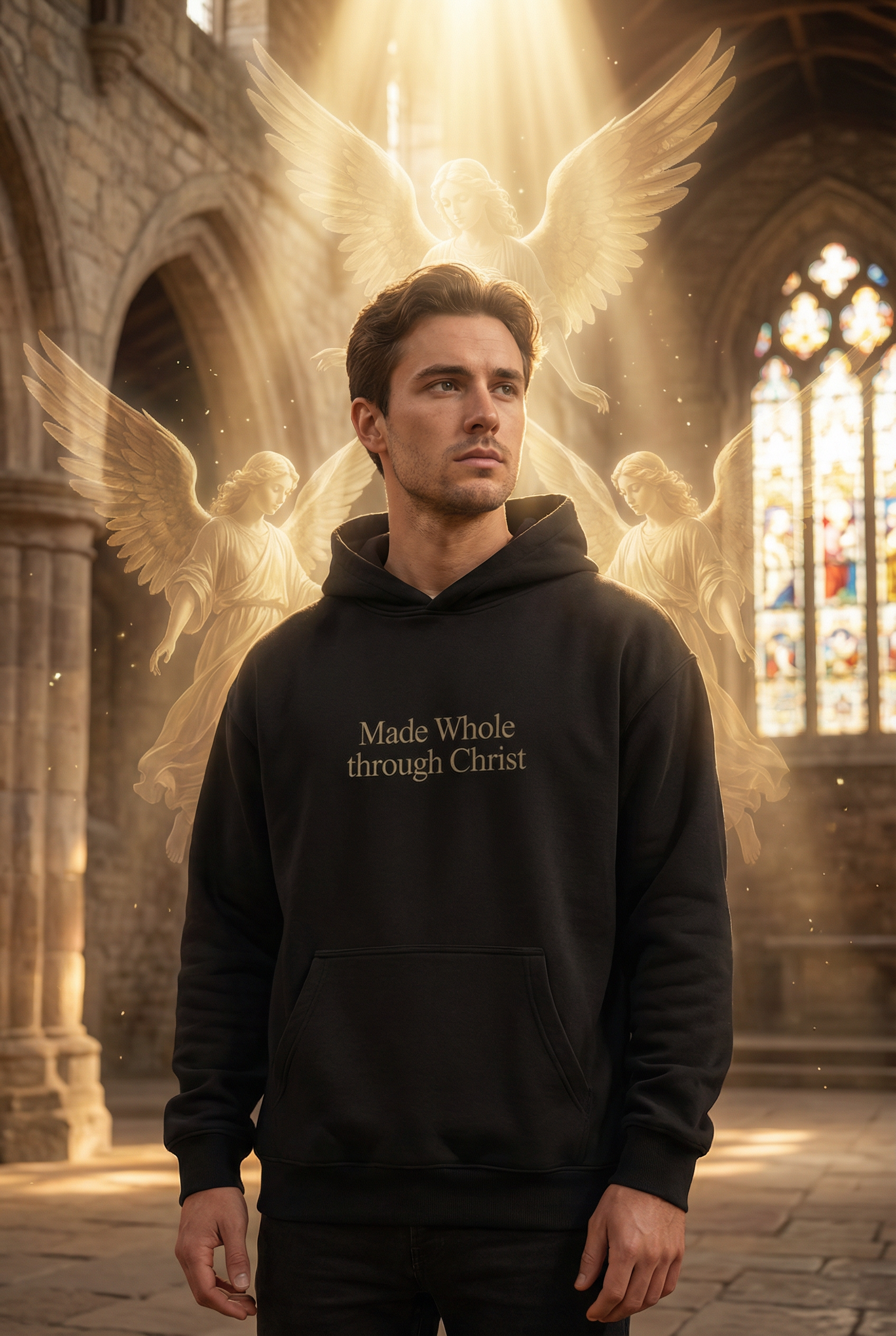 A man standing on a concrete ledge at the beach, wearing a black hoodie with 'MADE NEW' written on it, black sweatpants, and sneakers, with sailboats on the water and a coastline in the background under a clear sky.