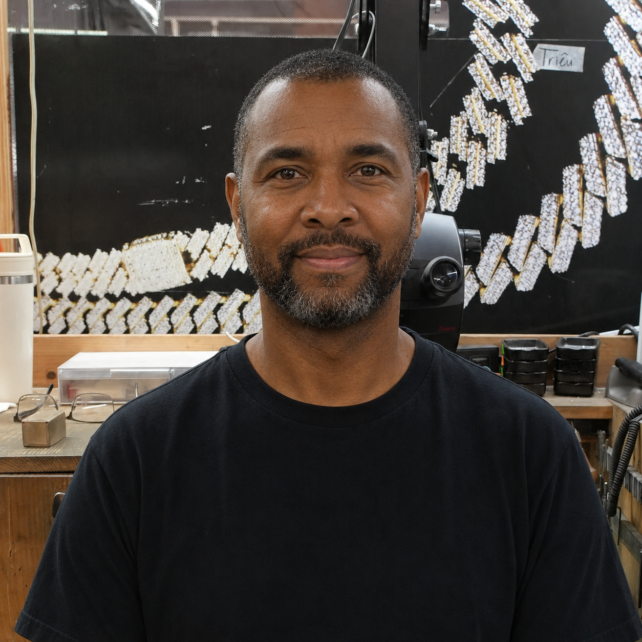 A smiling young man with short black hair, wearing a black t-shirt and a gold chain necklace, sitting in a workshop with tools, equipment, and a black wall with small papers or cards arranged in a pattern in the background.