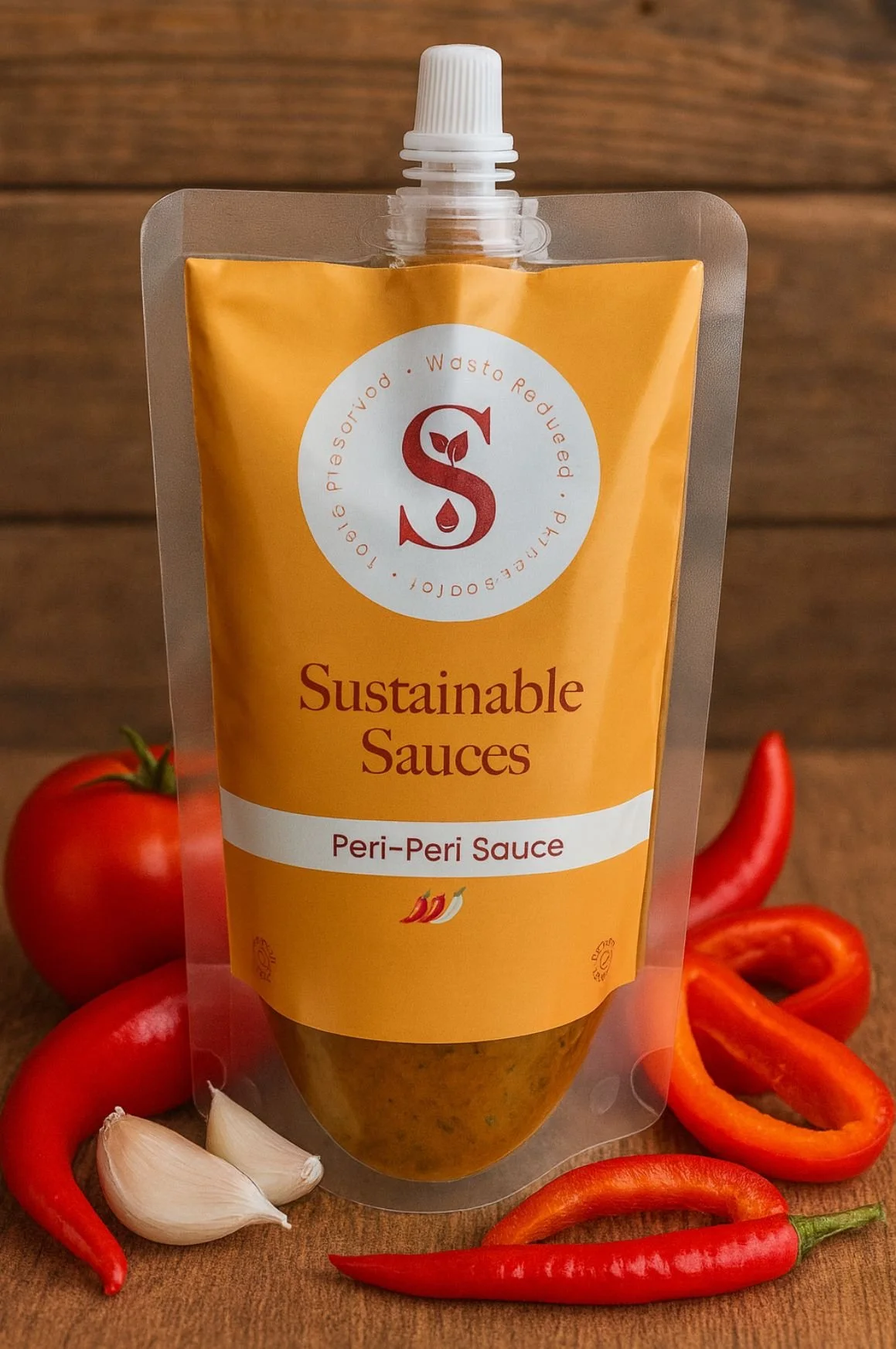 A pouch of Sustainable Sauces Per-Peri Sauce surrounded by red chillies and garlic