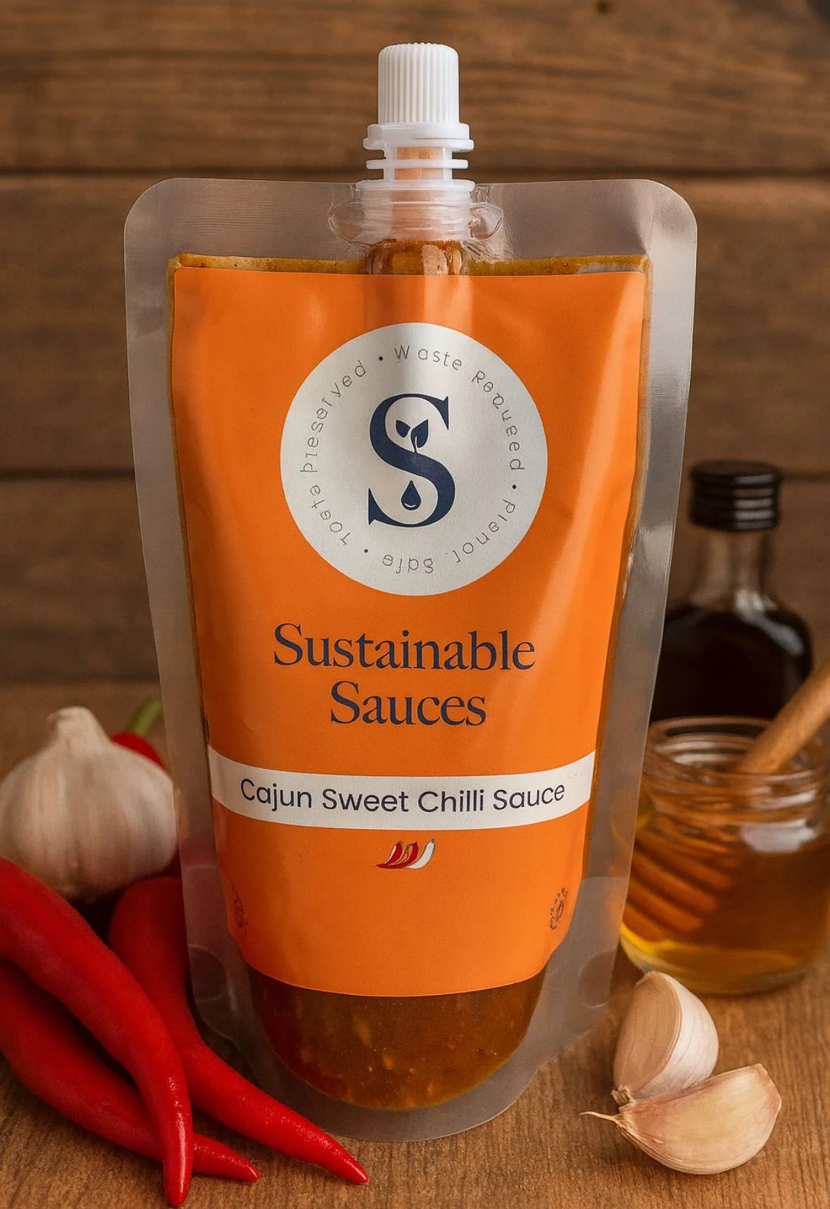 A pouch of Sustainable Sauces Cajun Sweet Chilli Sauce surrounded by fresh chillies, garlic and honey