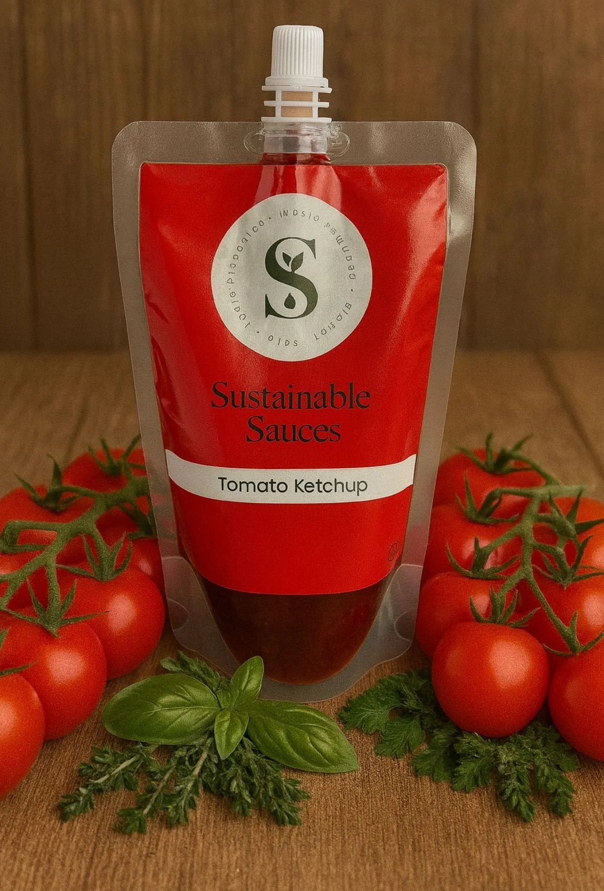 A pouch of Sustainable Sauces Tomato Ketchup surrounded by fresh tomatoes