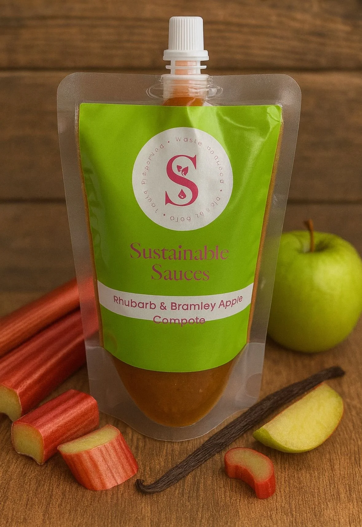 A Pouch of Sustainable Sauces Rhubarb & Bramley Apple Compote surrounded by fresh rhubarb, apple & a vanilla pod