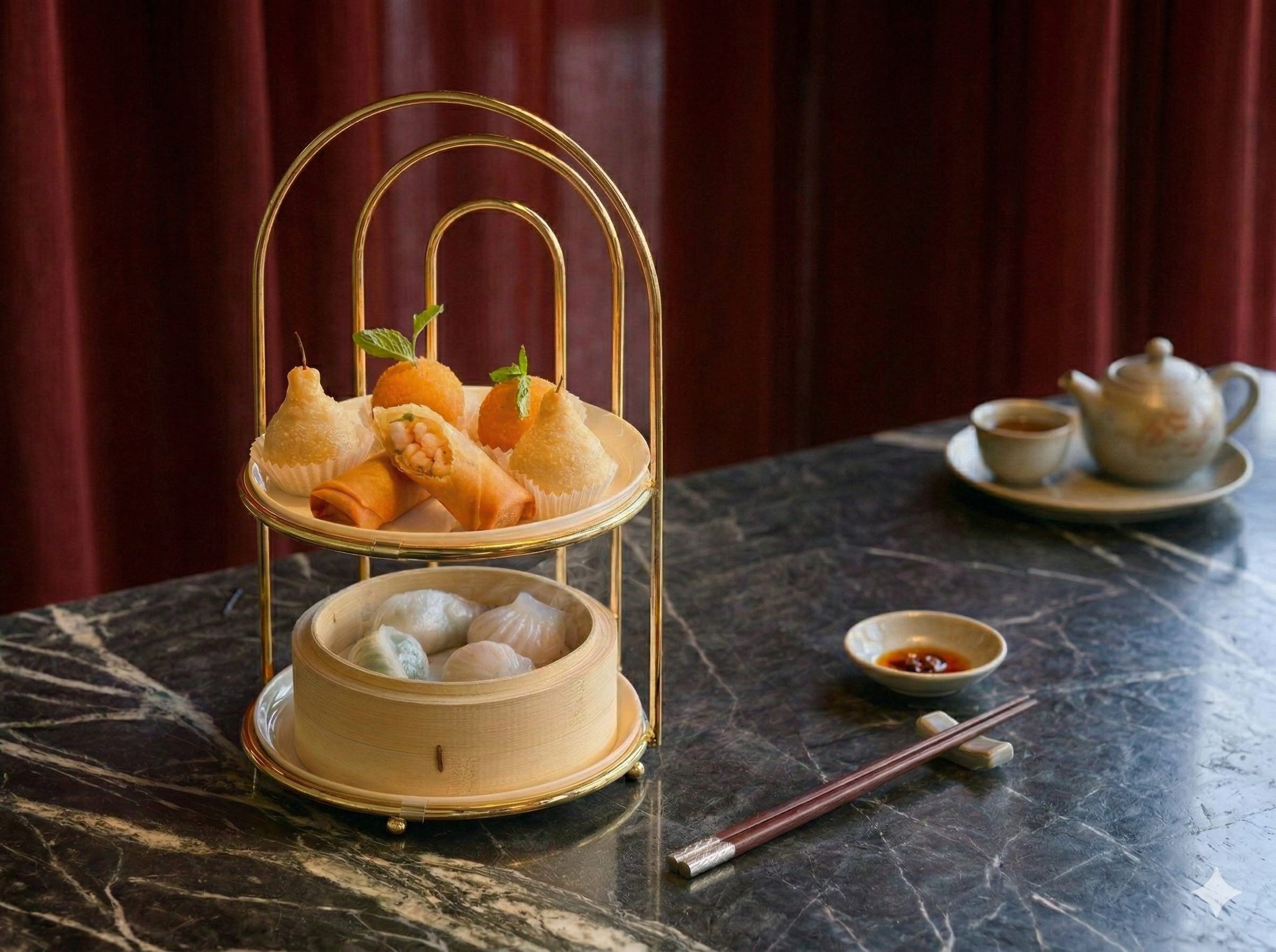 A tiered metal stand with assorted dim sum and desserts, with a teapot, teacup, and dipping sauce on a dark marble table, against a dark red curtain background.