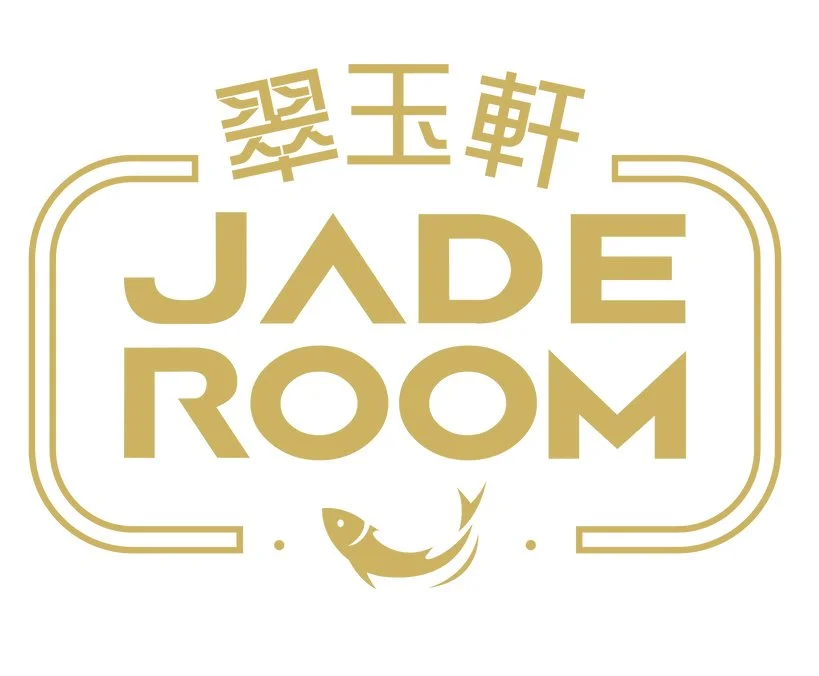 Gold-colored logo text that says 'Jade Room' with Chinese characters above and a fish illustration below, all enclosed in a rounded rectangular border.