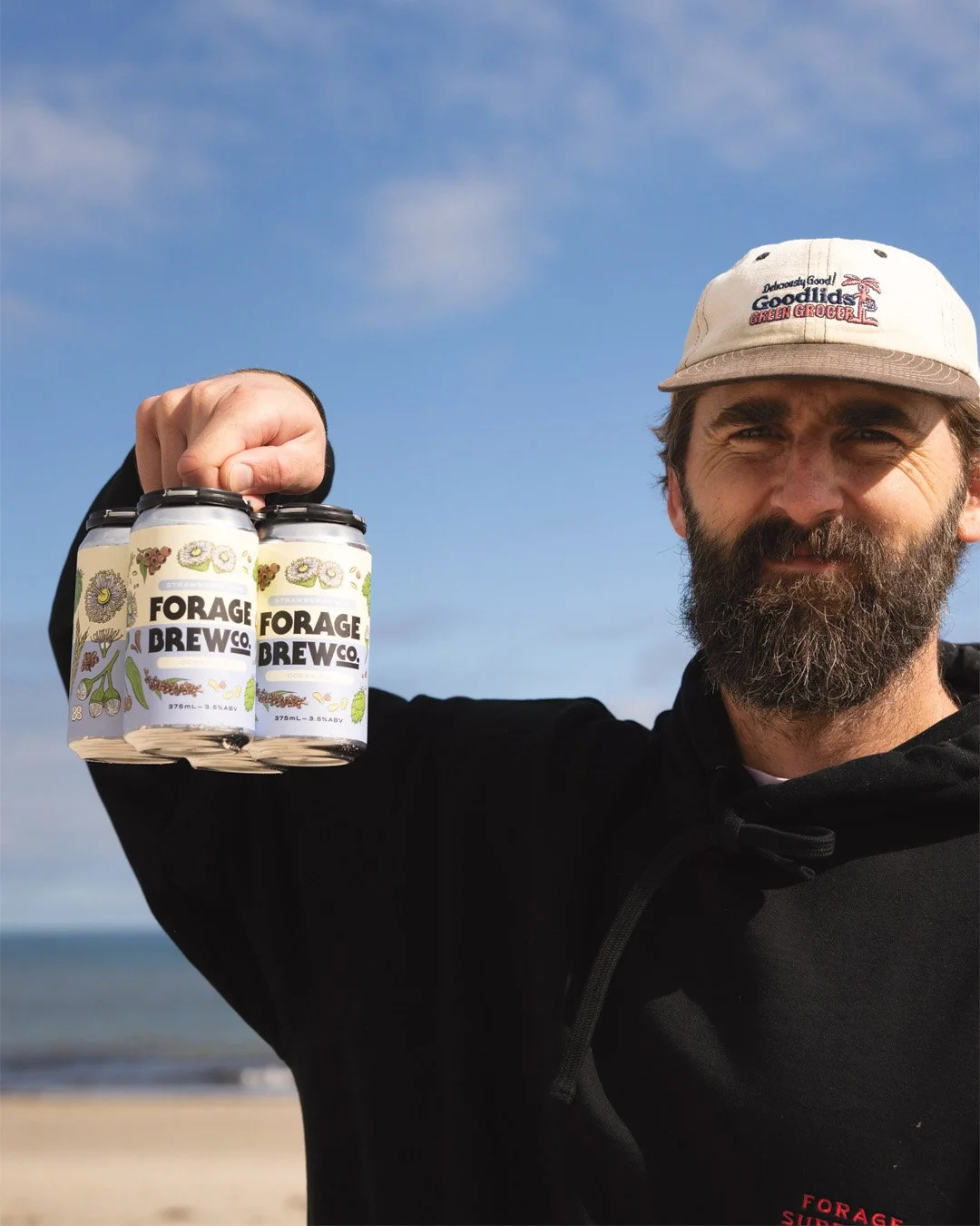 Forage Brew Co co-founder Westy holding a session ale at Old Mill Brewery, Tanunda Barossa Valley, highlighting local craft beer and brewery experience.