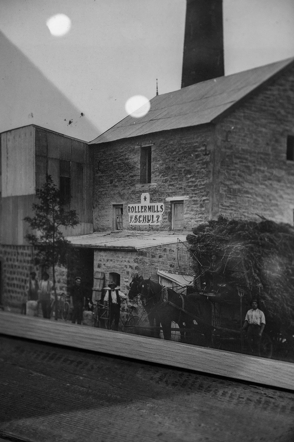 Historic Tanunda flour mill building in the Barossa Valley, original Old Mill site from the 1800s with horse and cart, showcasing the heritage of Old Mill Brewery.