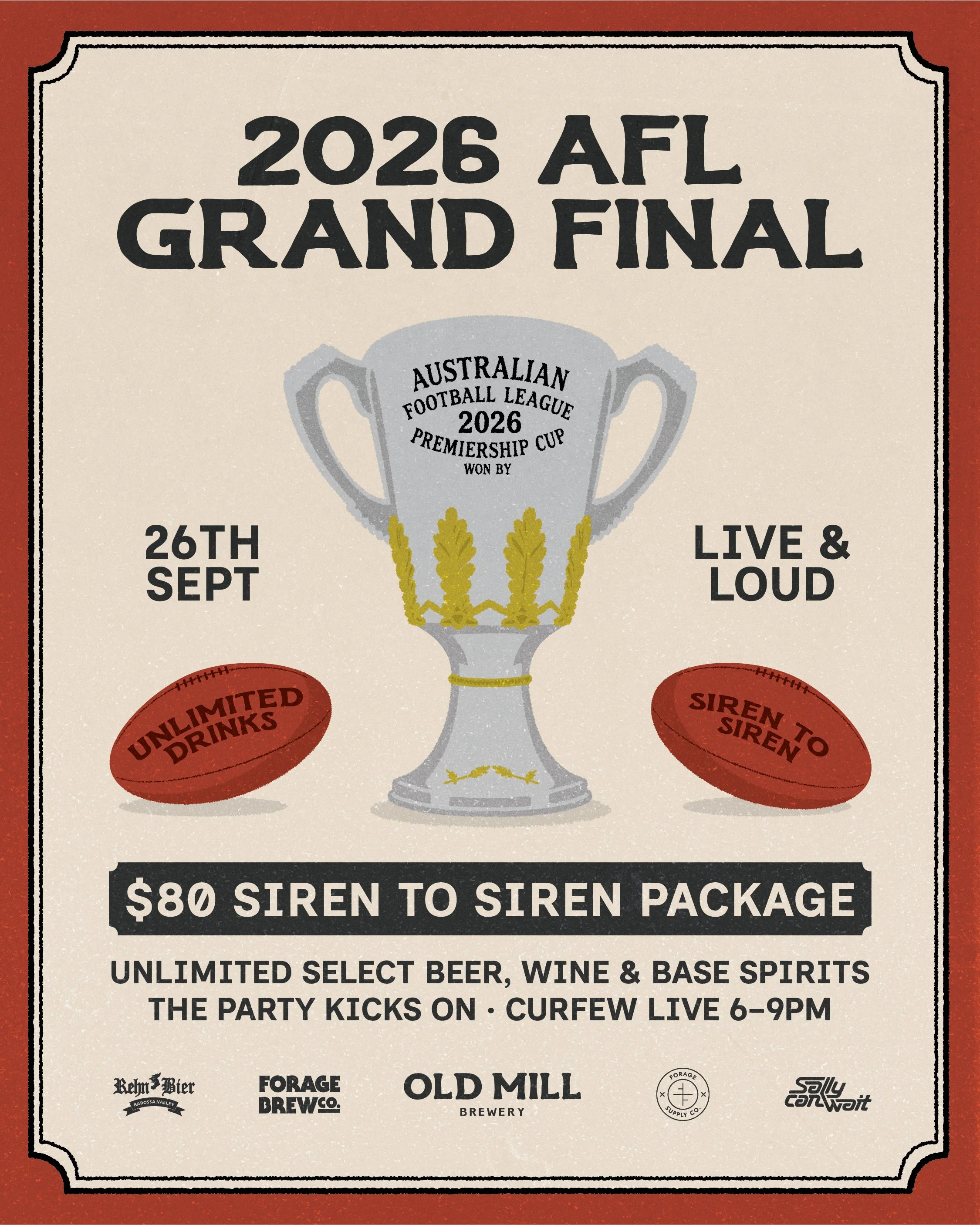 AFL Grand Final Day 2026 at Old Mill Brewery in Tanunda, Barossa Valley – $80 siren-to-siren unlimited drinks package with live music from Curfew.