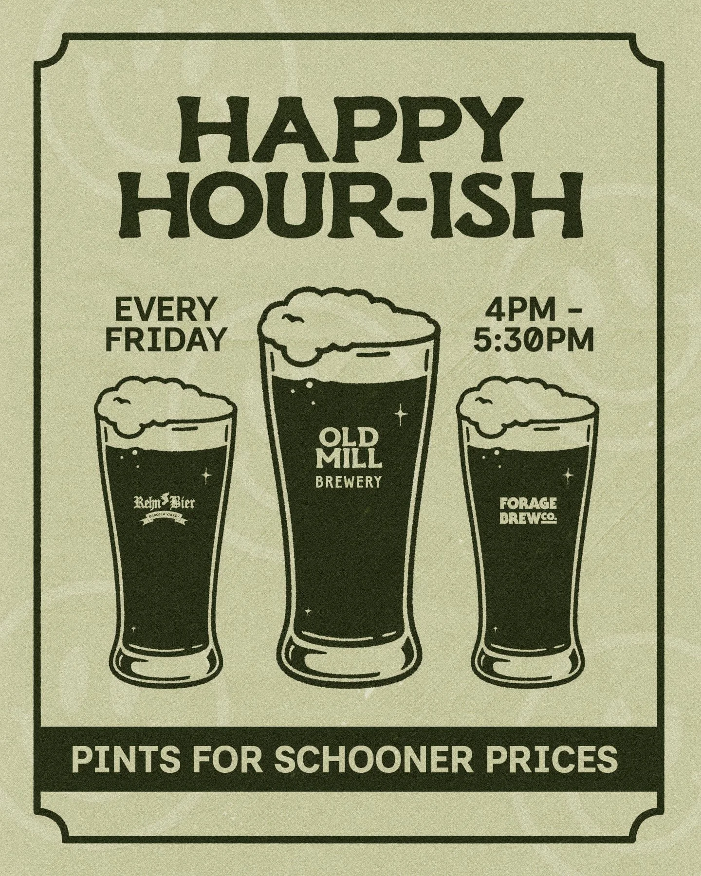 Poster advertising Happy Hour at Old Mill Brewery with three illustrations of pints of beer and text indicating happy hour is every Friday from 4 PM to 5:30 PM, with prices for schooner-sized pints.