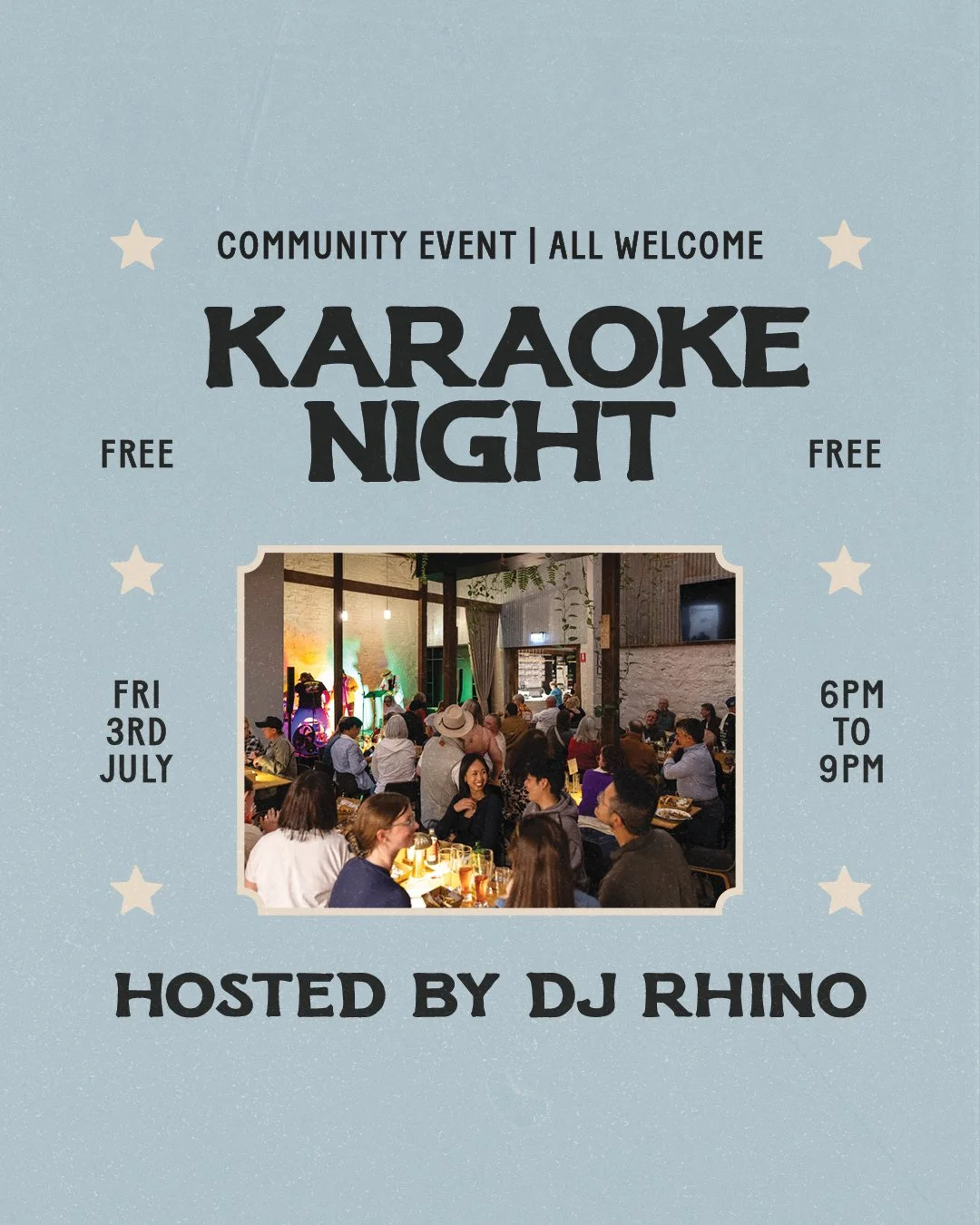 Karaoke night community event poster featuring a photo of people singing and socializing indoors, hosted by DJ Rhino on July 3rd from 6pm to 9pm, free admission.