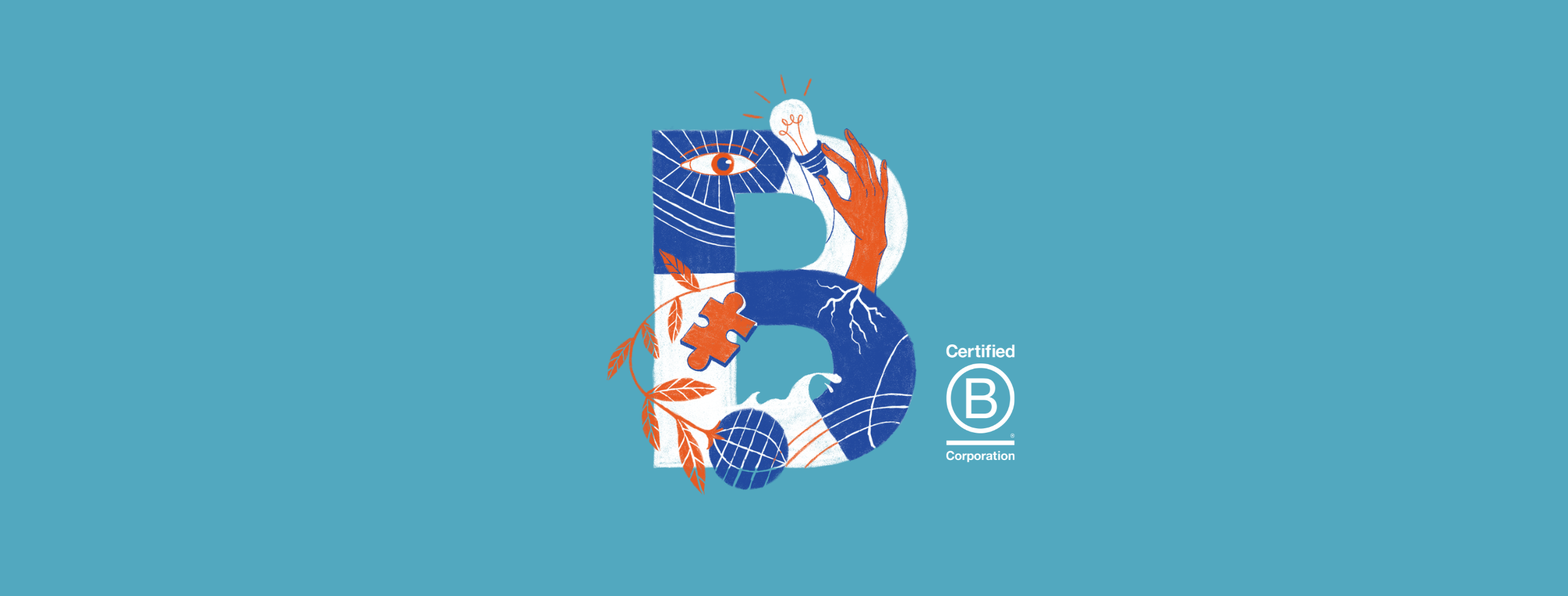 Illustrated letter B representing B Corp certification, featuring symbols of innovation, sustainability, community and global impact in Emzingo brand colours